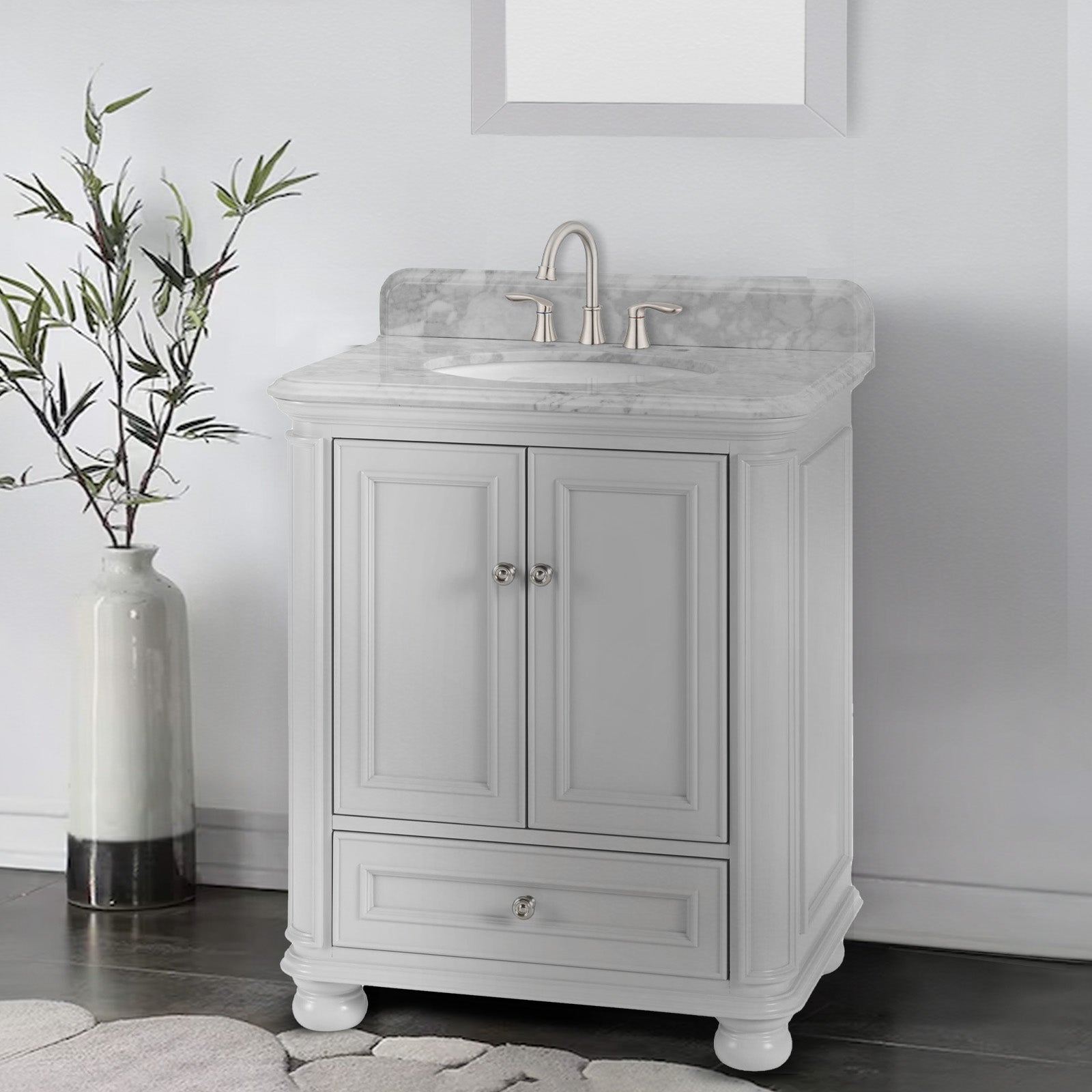 Single Sink Freestanding Bath Vanity in White with Carrara Natural Marble Top