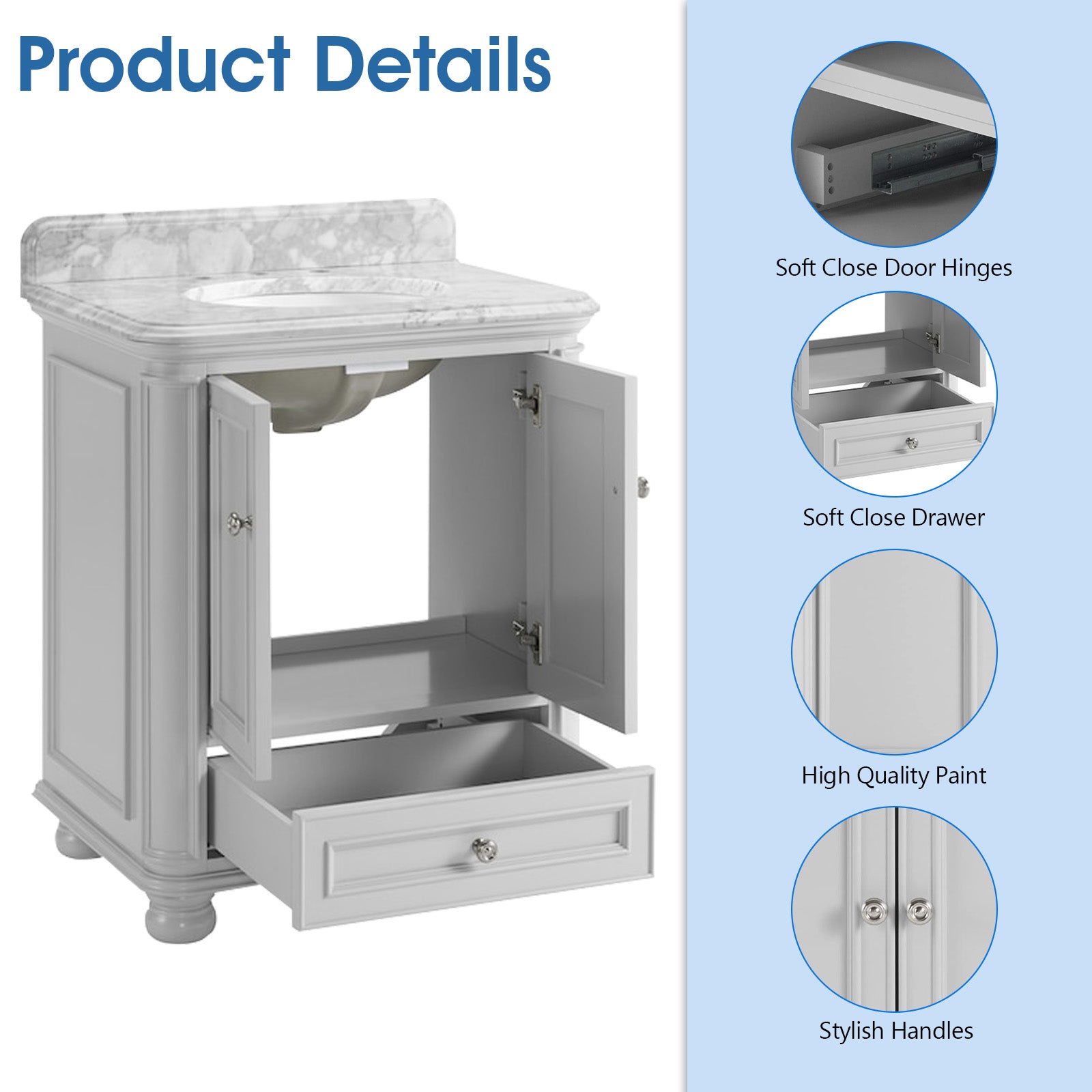 Single Sink Freestanding Bath Vanity in White with Carrara Natural Marble Top