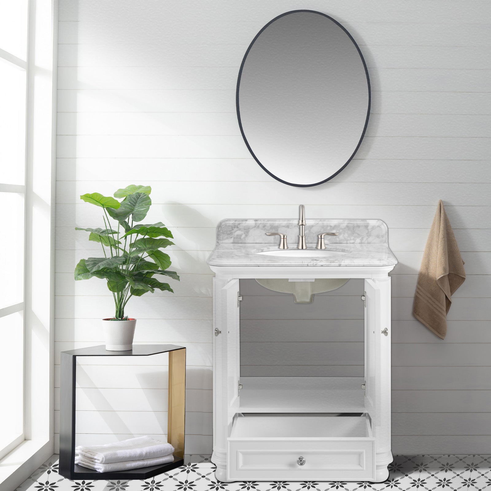 Single Sink Freestanding Bath Vanity in White with Carrara Natural Marble Top