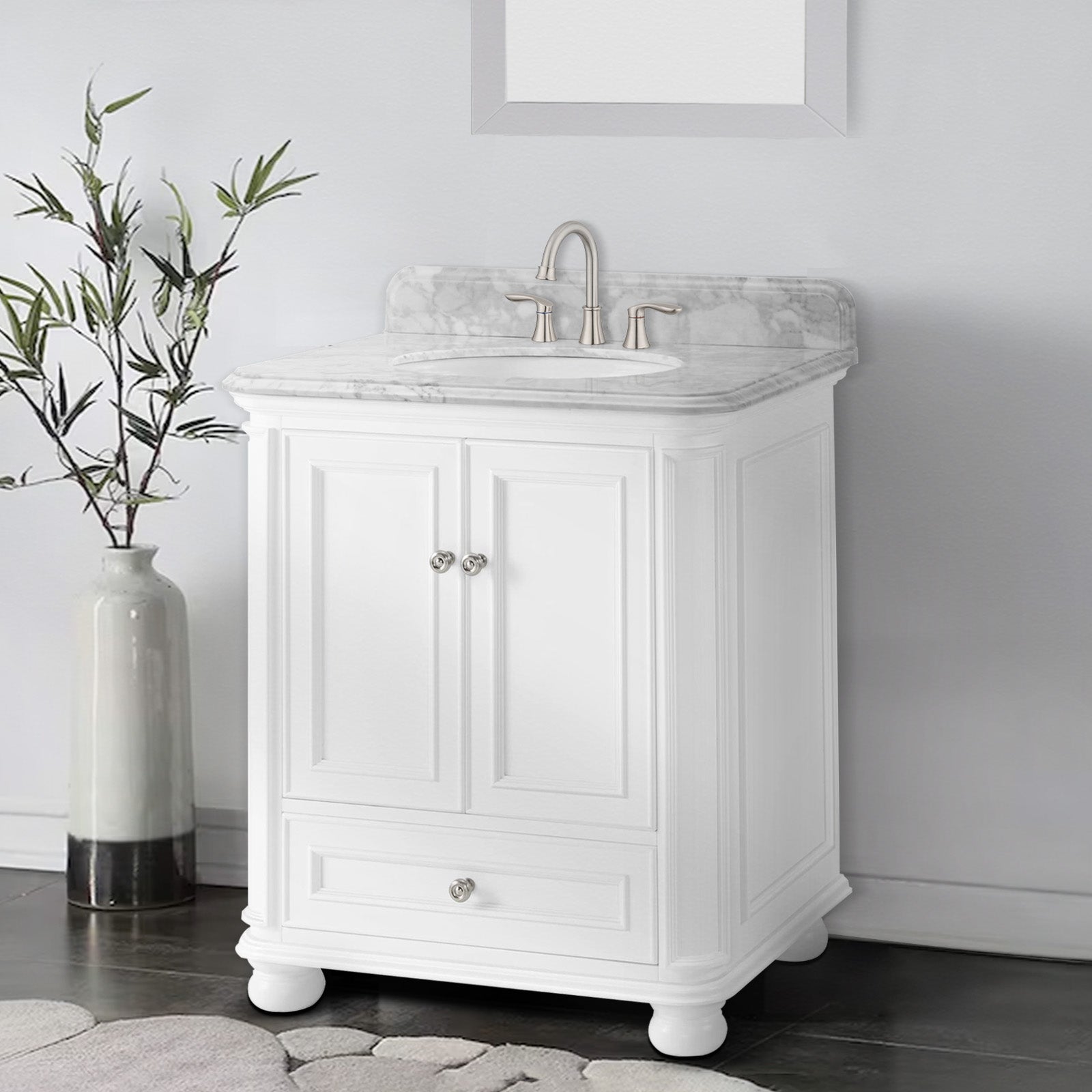 Single Sink Freestanding Bath Vanity in White with Carrara Natural Marble Top