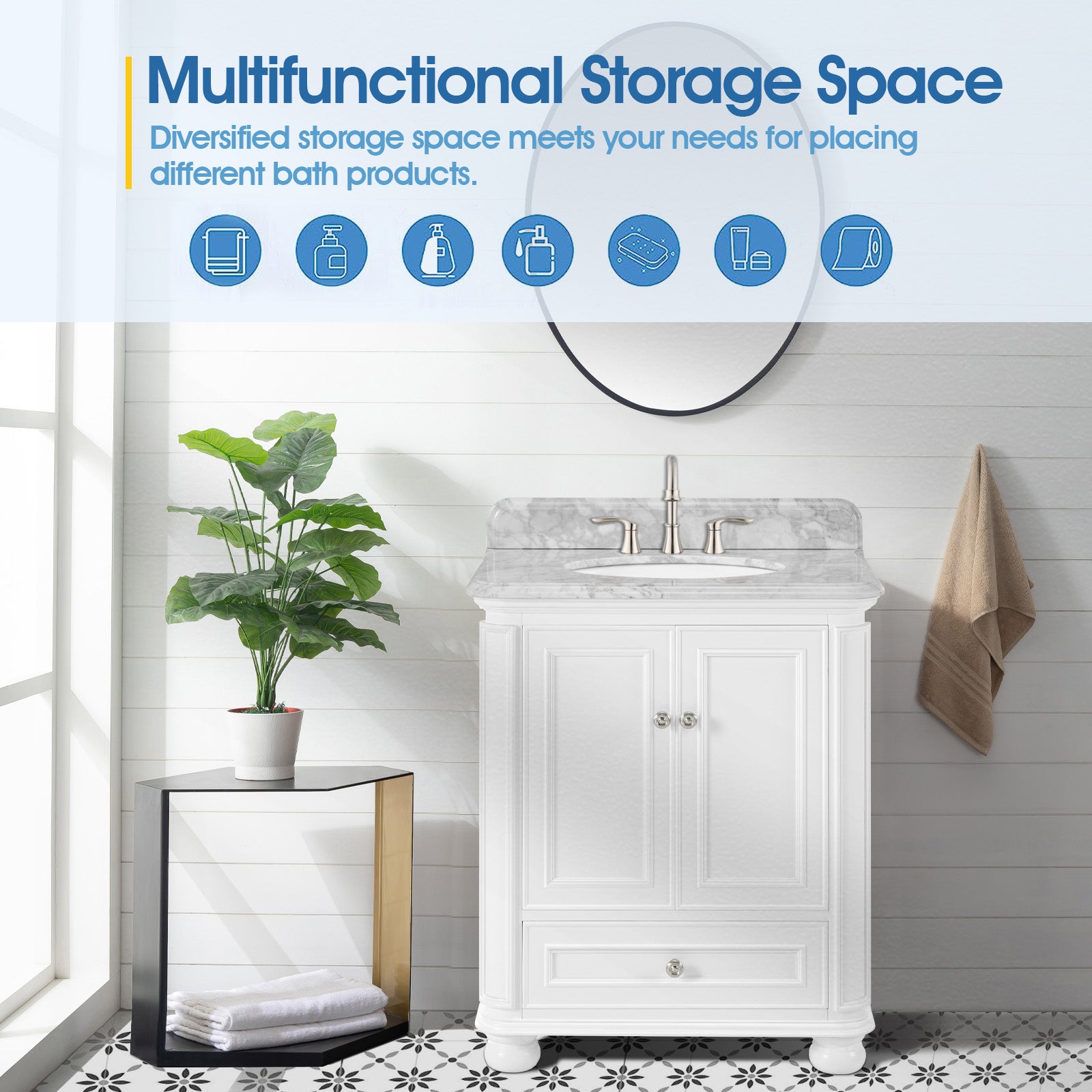 Single Sink Freestanding Bath Vanity in White with Carrara Natural Marble Top