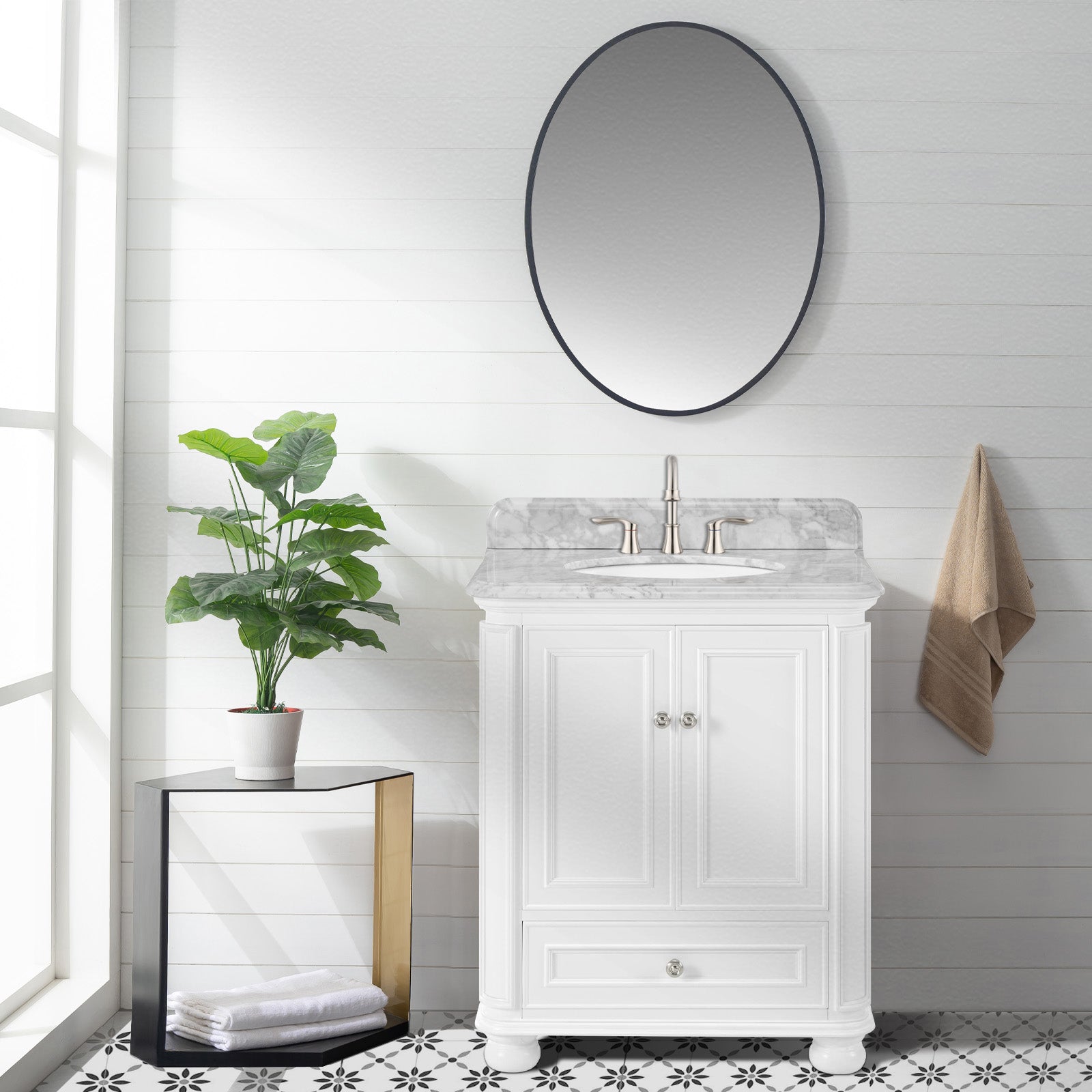Single Sink Freestanding Bath Vanity in White with Carrara Natural Marble Top