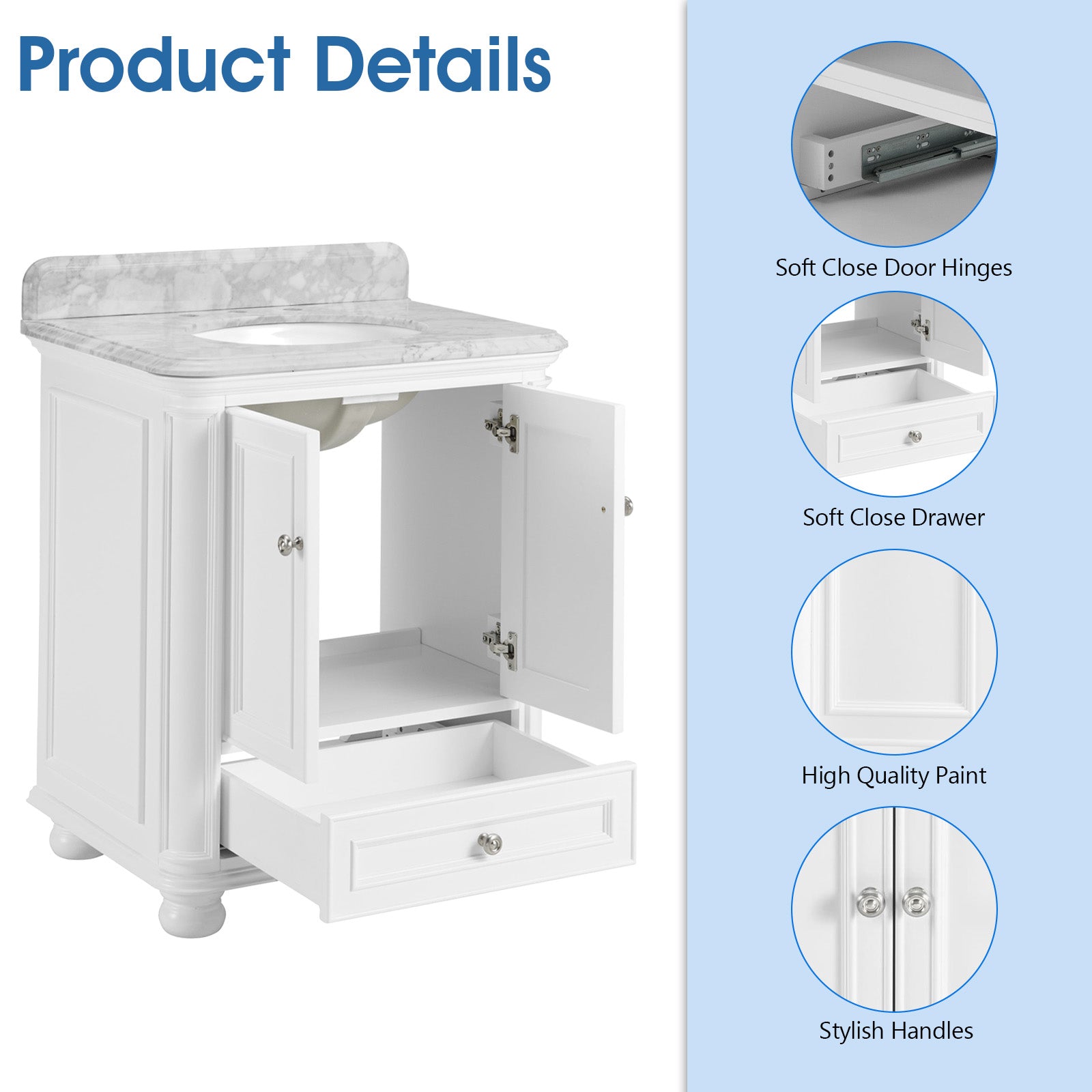 Single Sink Freestanding Bath Vanity in White with Carrara Natural Marble Top