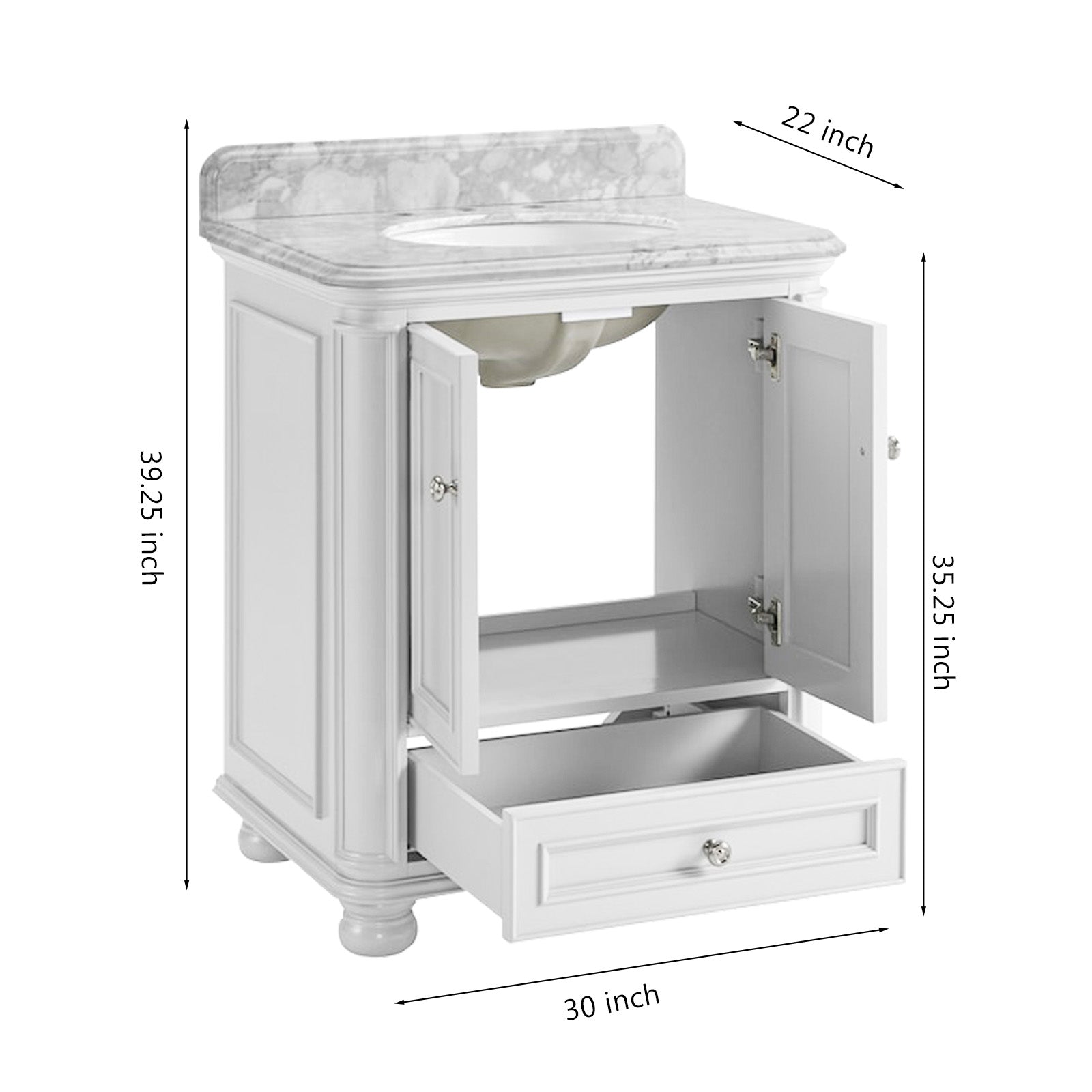 Single Sink Freestanding Bath Vanity in White with Carrara Natural Marble Top