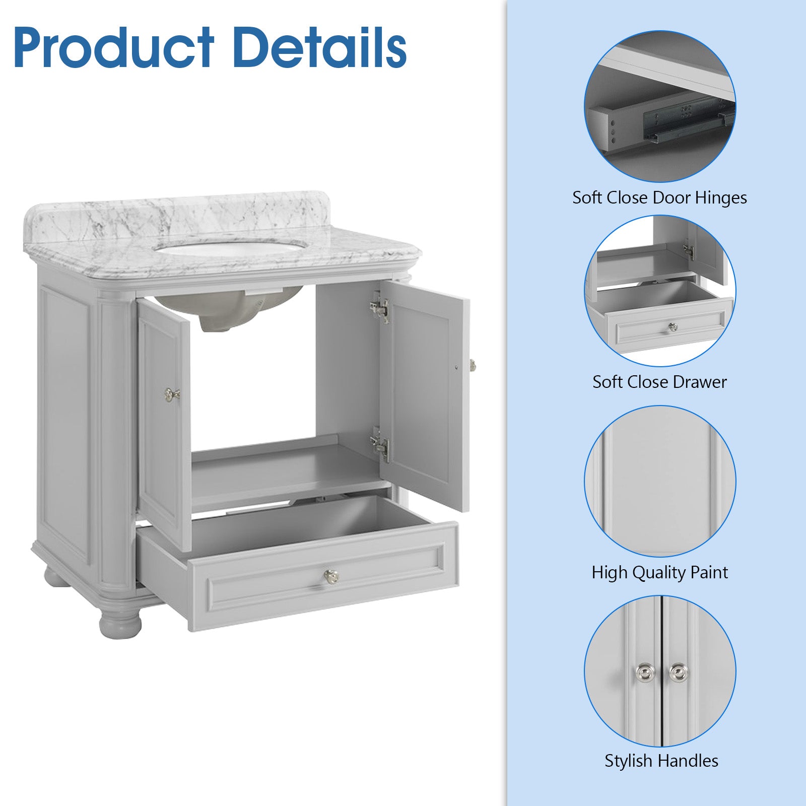 Single Sink Freestanding Bath Vanity in White with Carrara Natural Marble Top