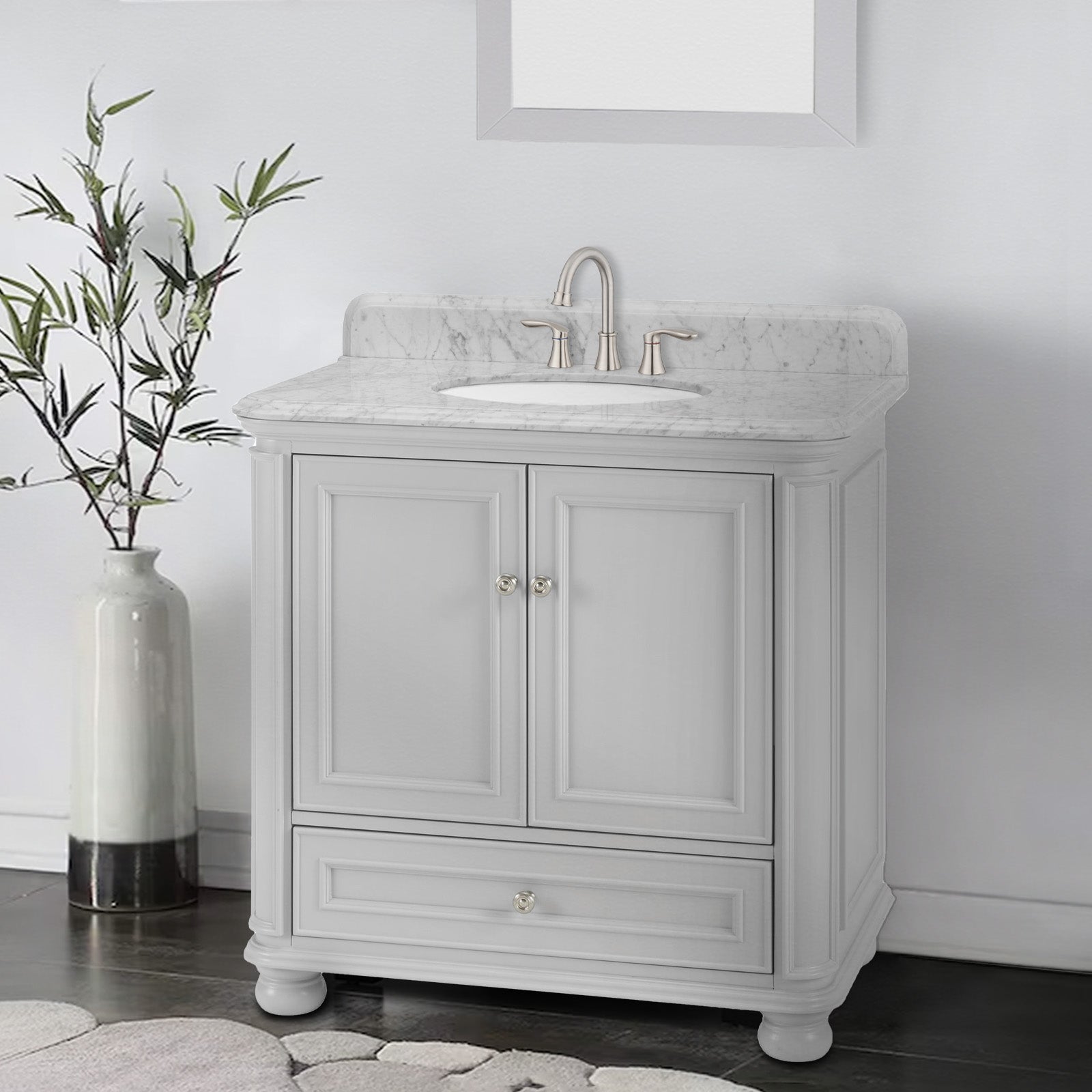 Single Sink Freestanding Bath Vanity in White with Carrara Natural Marble Top