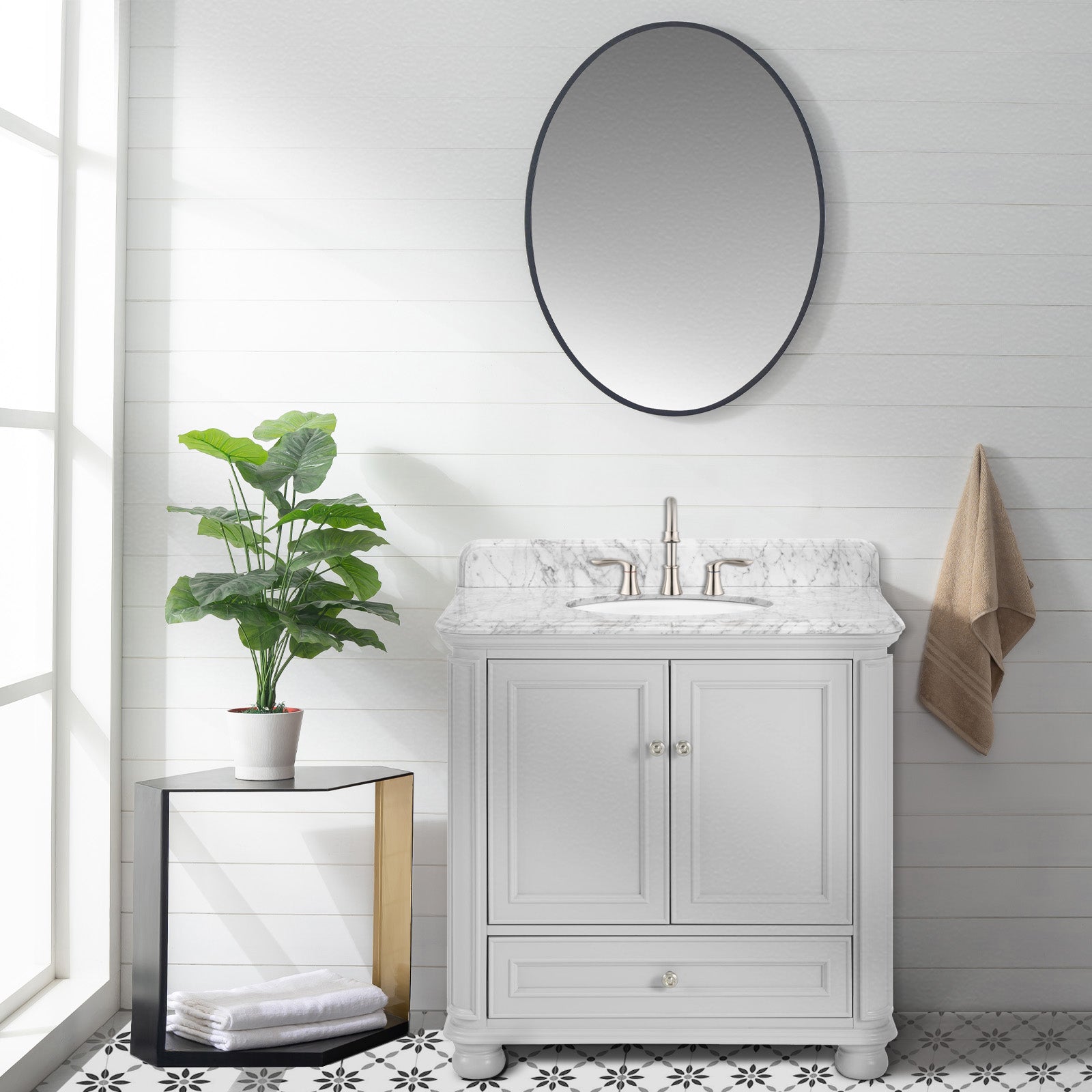 Single Sink Freestanding Bath Vanity in White with Carrara Natural Marble Top
