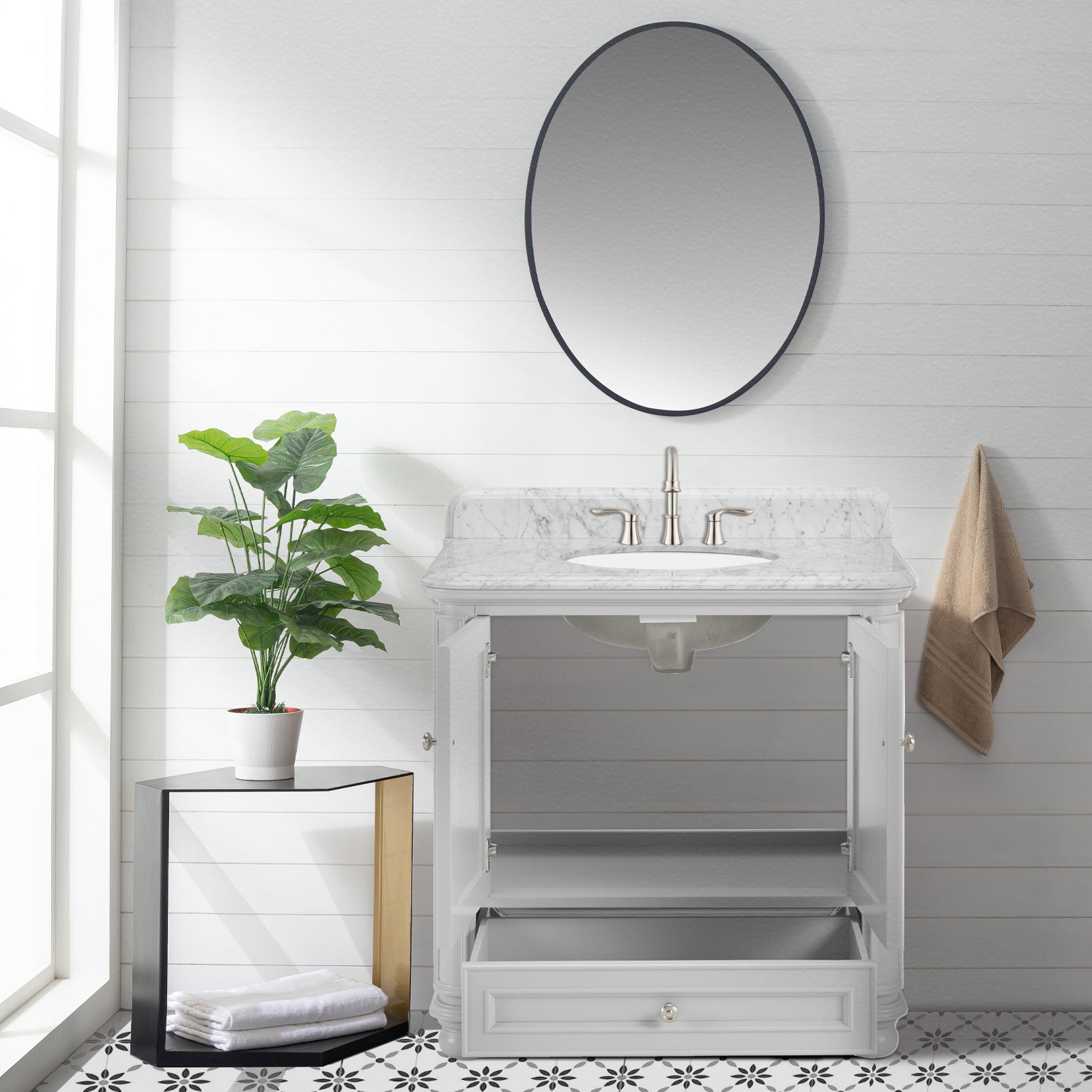 Single Sink Freestanding Bath Vanity in White with Carrara Natural Marble Top