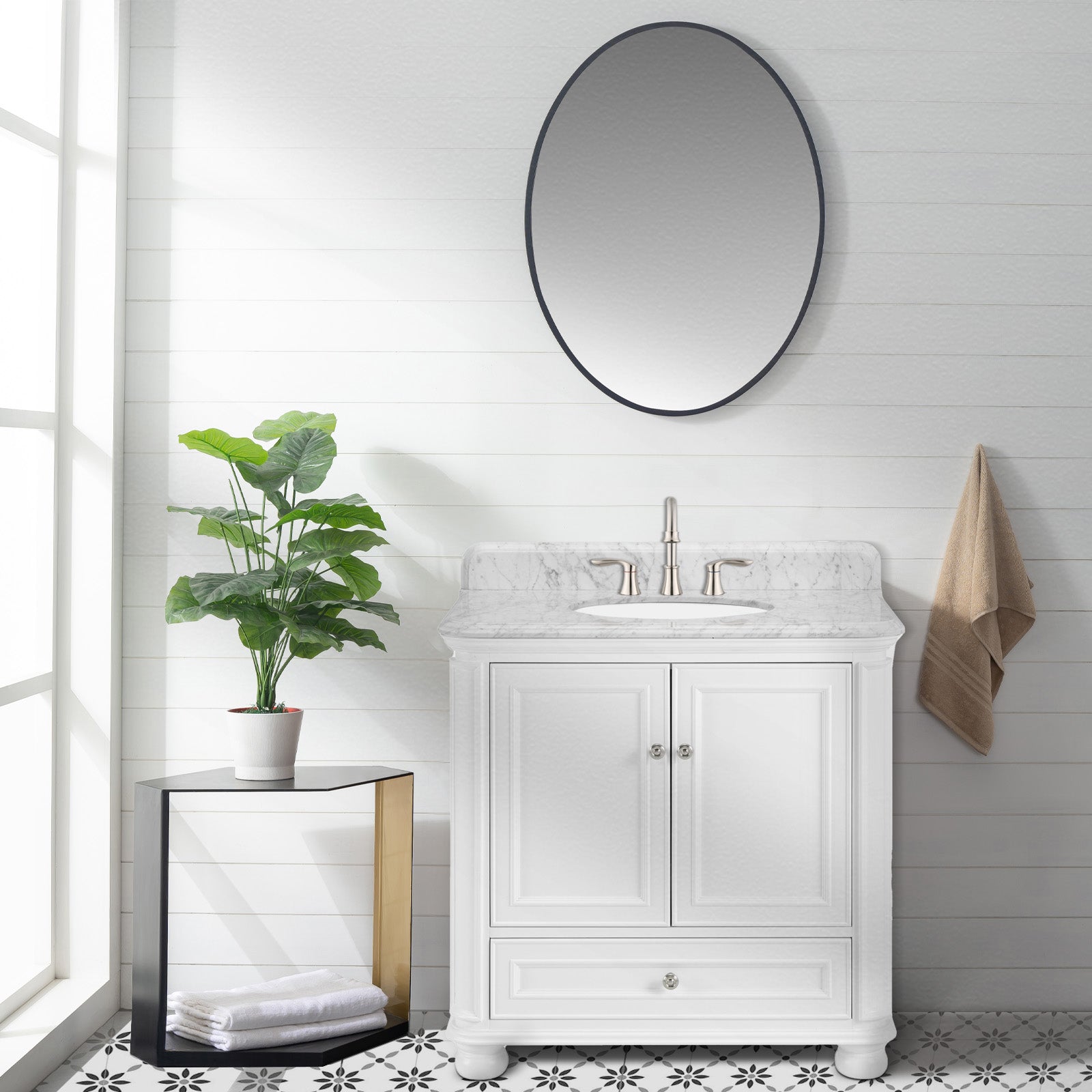 Single Sink Freestanding Bath Vanity in White with Carrara Natural Marble Top