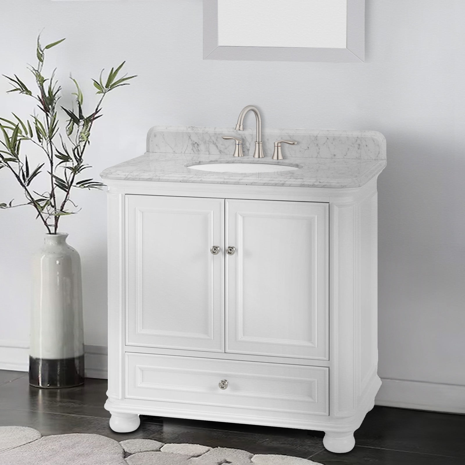 Single Sink Freestanding Bath Vanity in White with Carrara Natural Marble Top
