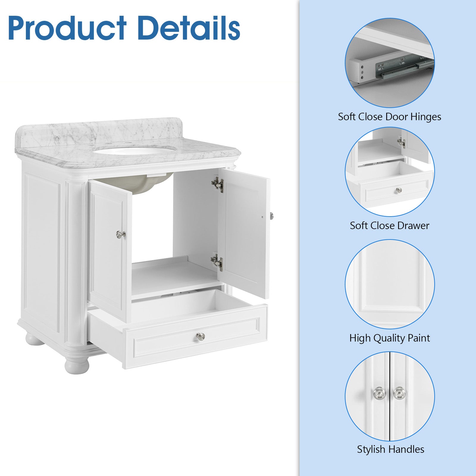 Single Sink Freestanding Bath Vanity in White with Carrara Natural Marble Top
