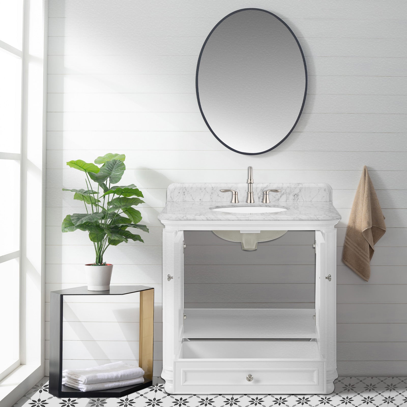 Single Sink Freestanding Bath Vanity in White with Carrara Natural Marble Top