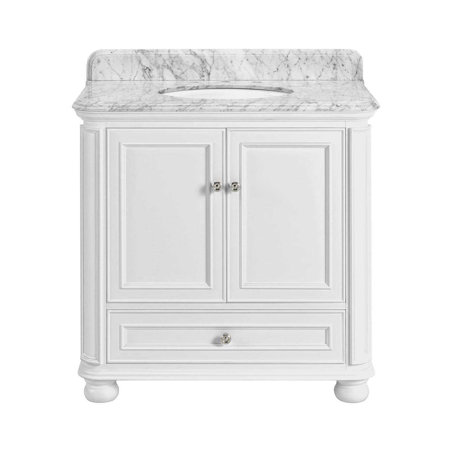 Single Sink Freestanding Bath Vanity in White with Carrara Natural Marble Top