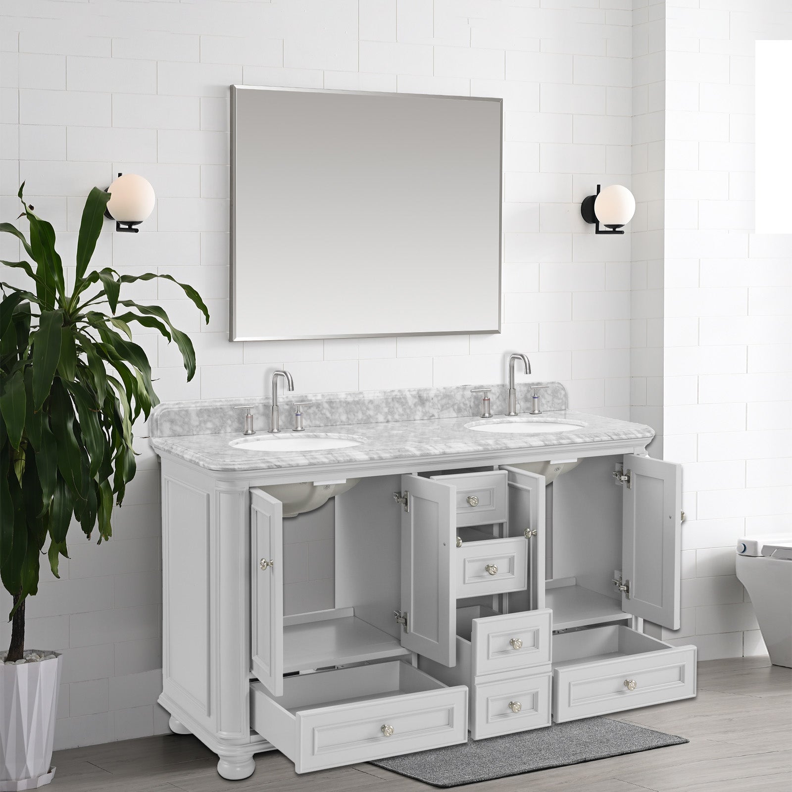 Single Sink Freestanding Bath Vanity in White with Carrara Natural Marble Top