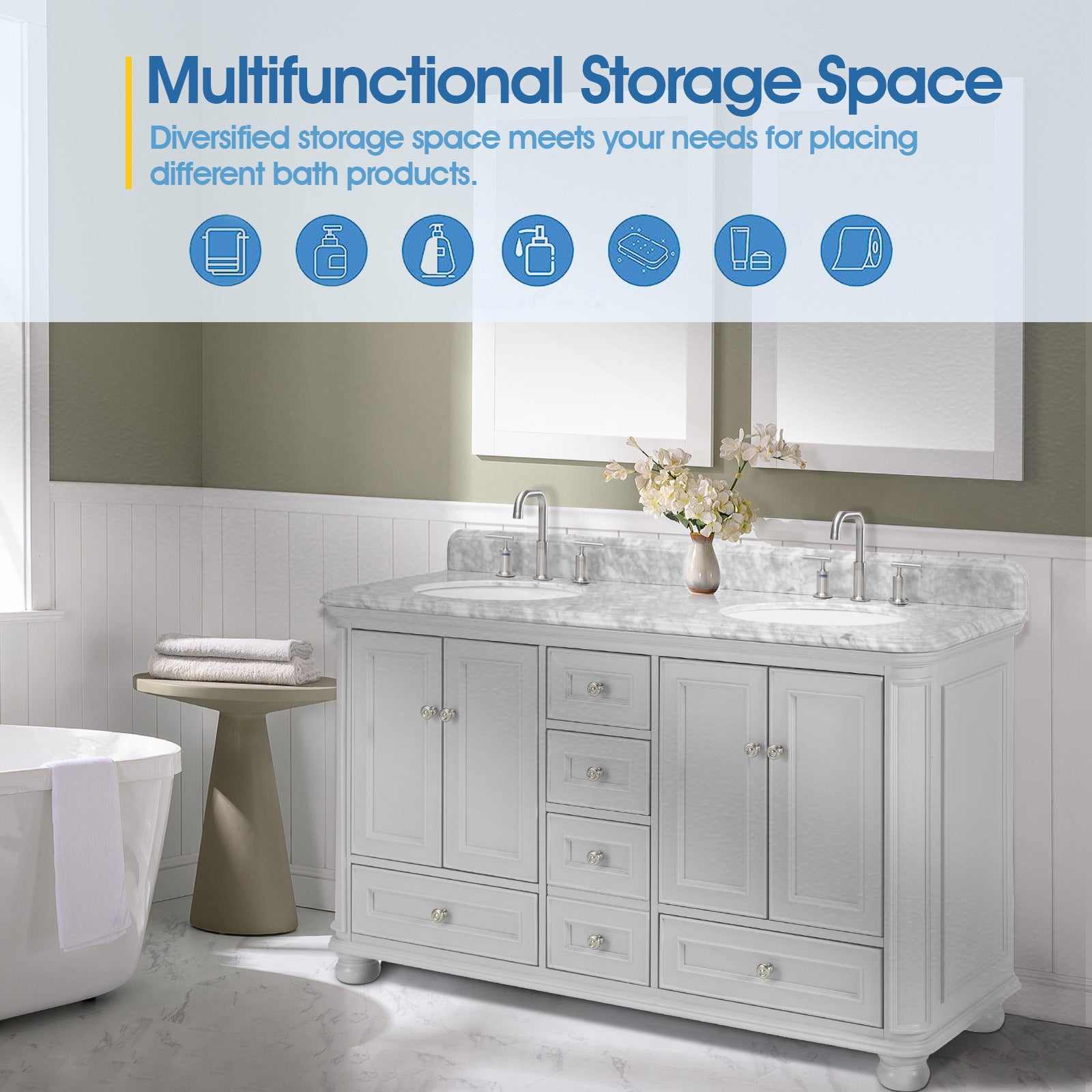 Single Sink Freestanding Bath Vanity in White with Carrara Natural Marble Top