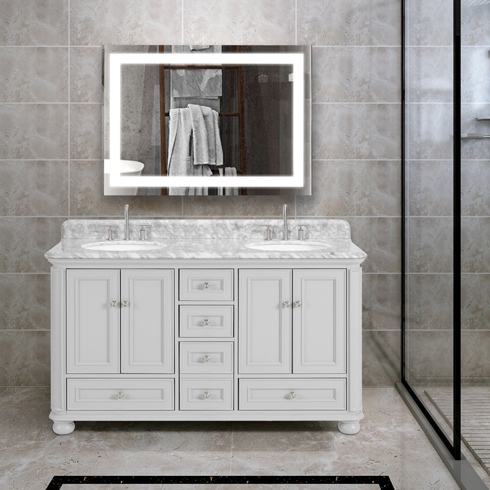 Single Sink Freestanding Bath Vanity in White with Carrara Natural Marble Top