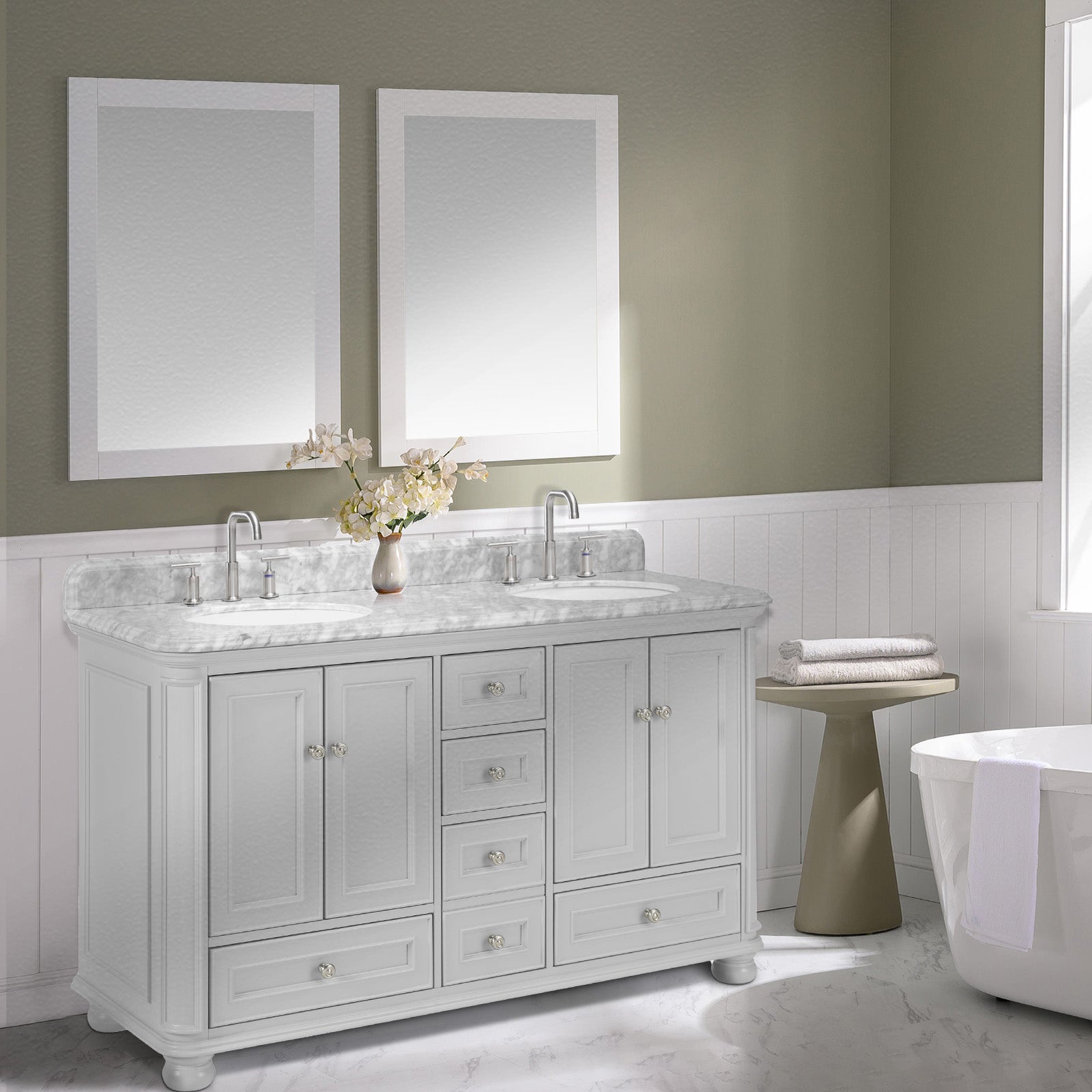 Single Sink Freestanding Bath Vanity in White with Carrara Natural Marble Top