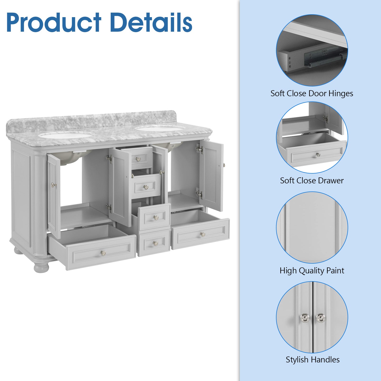 Single Sink Freestanding Bath Vanity in White with Carrara Natural Marble Top
