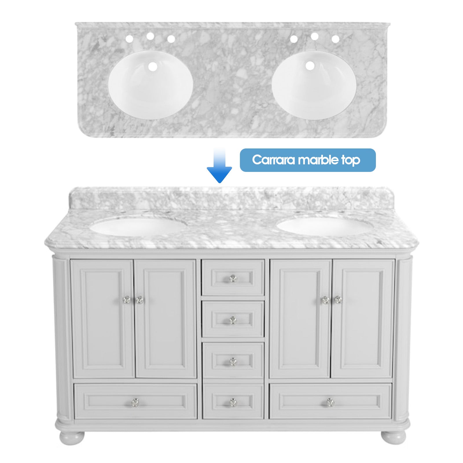 Single Sink Freestanding Bath Vanity in White with Carrara Natural Marble Top