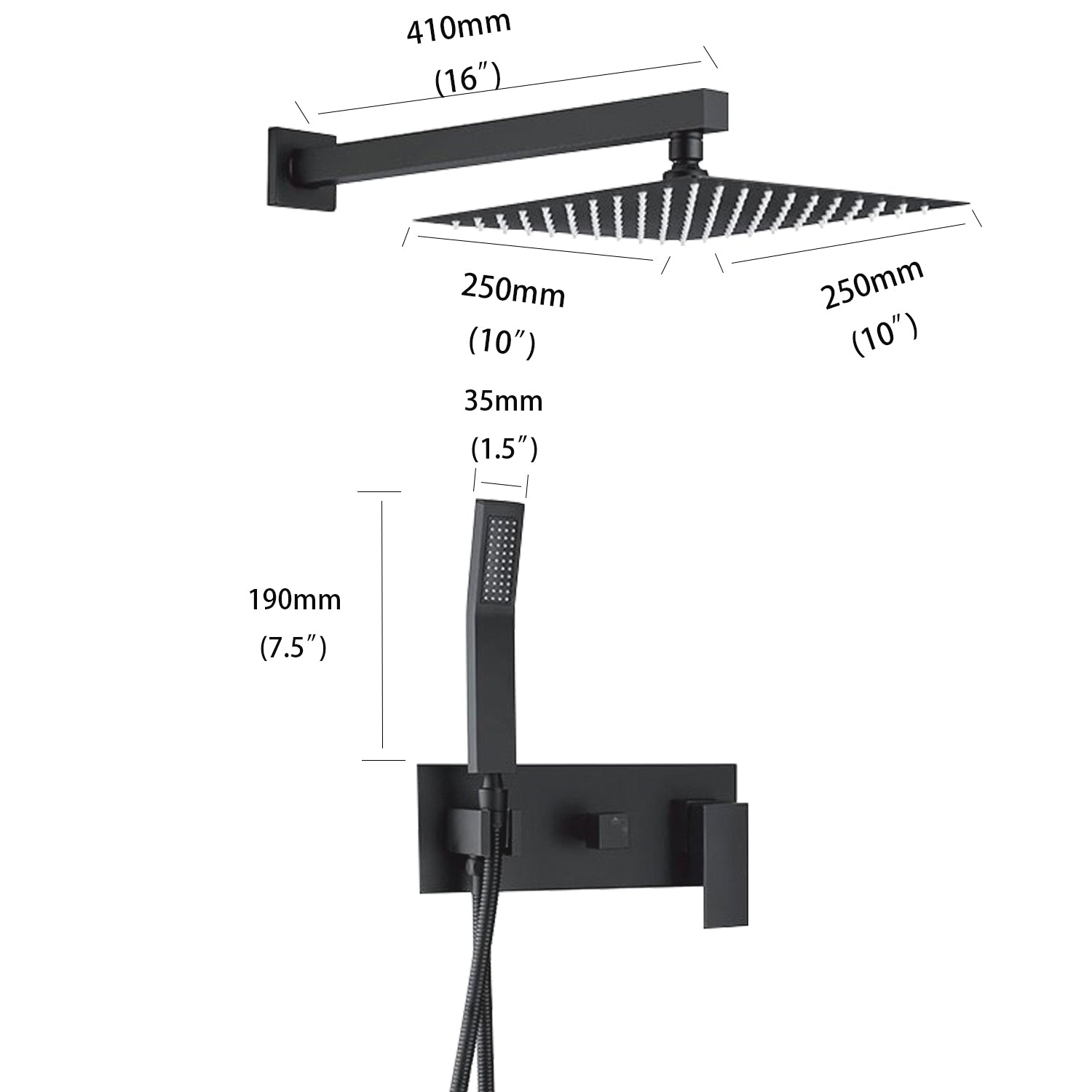 10 inch Wall-Mounted Rectangular Completed Shower System in Black