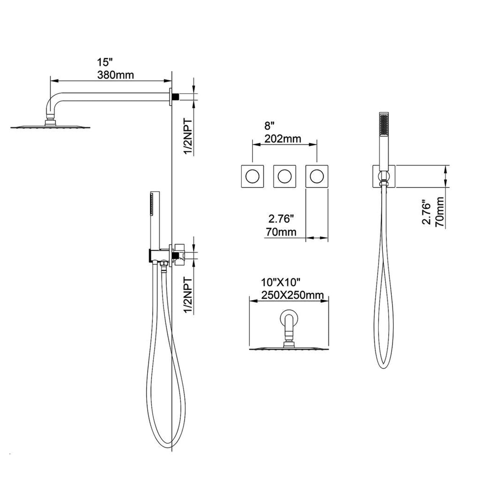 10 inch Wall-Mounted Rectangular Shower System in Black