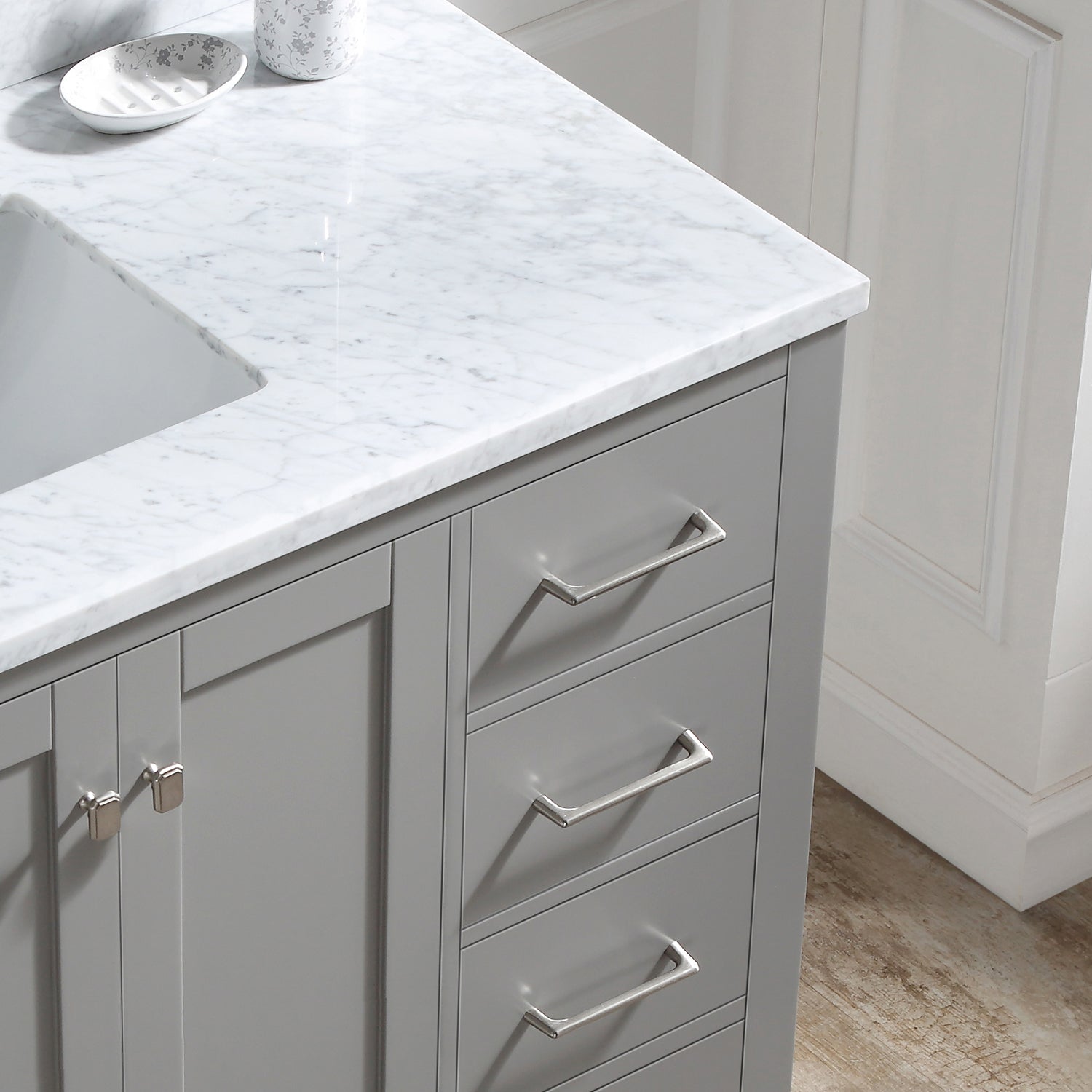 48 inch Plywood Freestanding Bath Vanity in Gray with Carrara Engineered Stone Composite Top