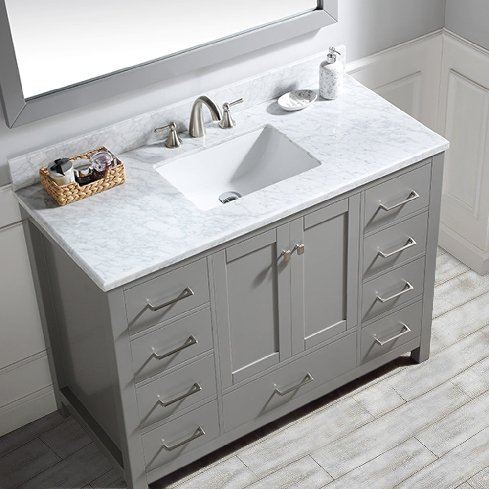 48 inch Plywood Freestanding Bath Vanity in Gray with Carrara Engineered Stone Composite Top