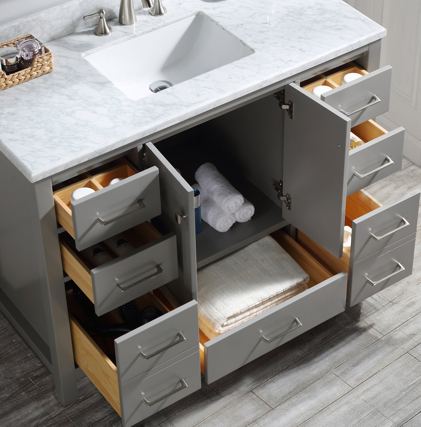 48 inch Plywood Freestanding Bath Vanity in Gray with Carrara Engineered Stone Composite Top