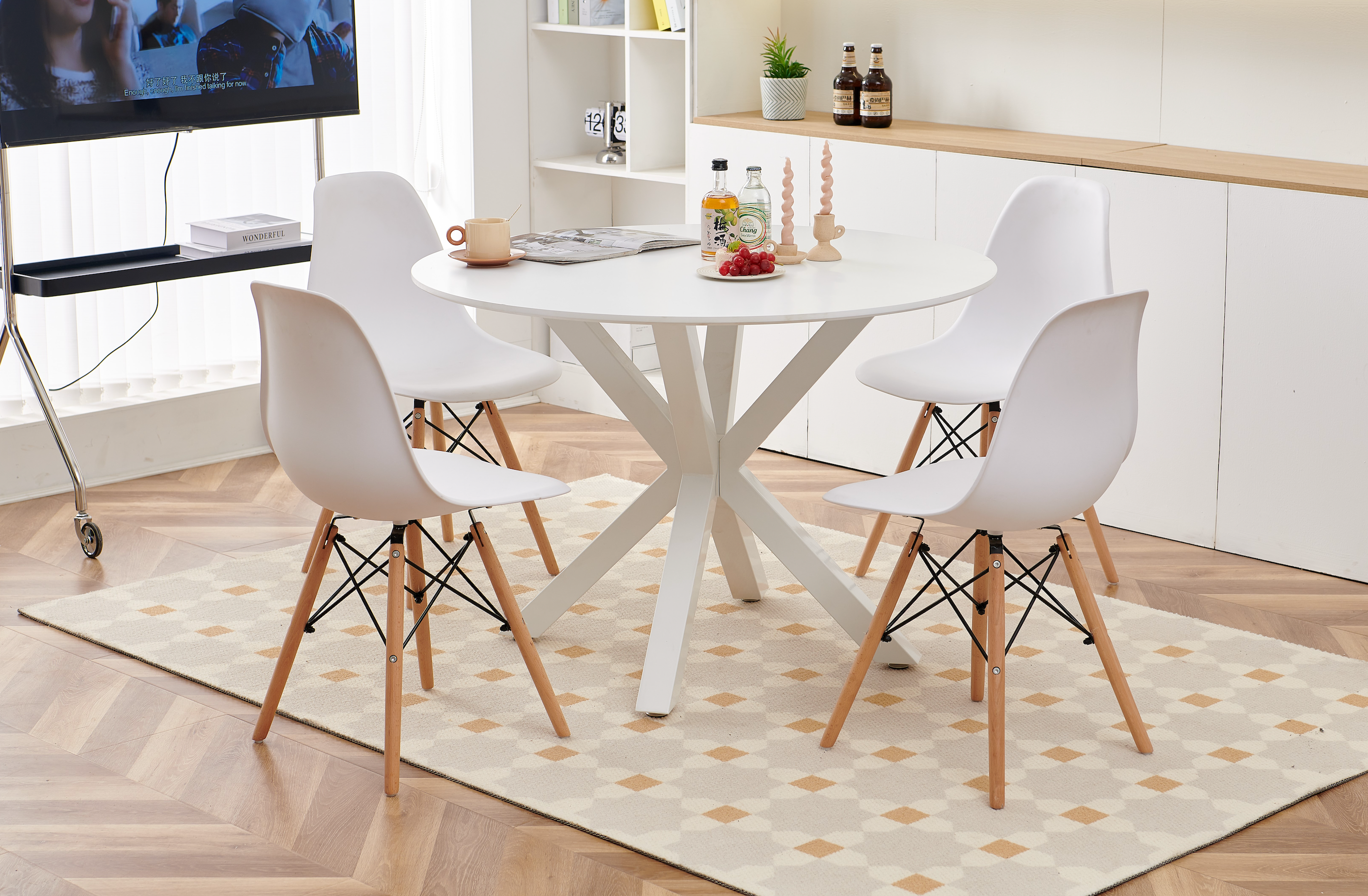 5 Piece Dining Table Set with Cross Leg Mid-Century Dining Table