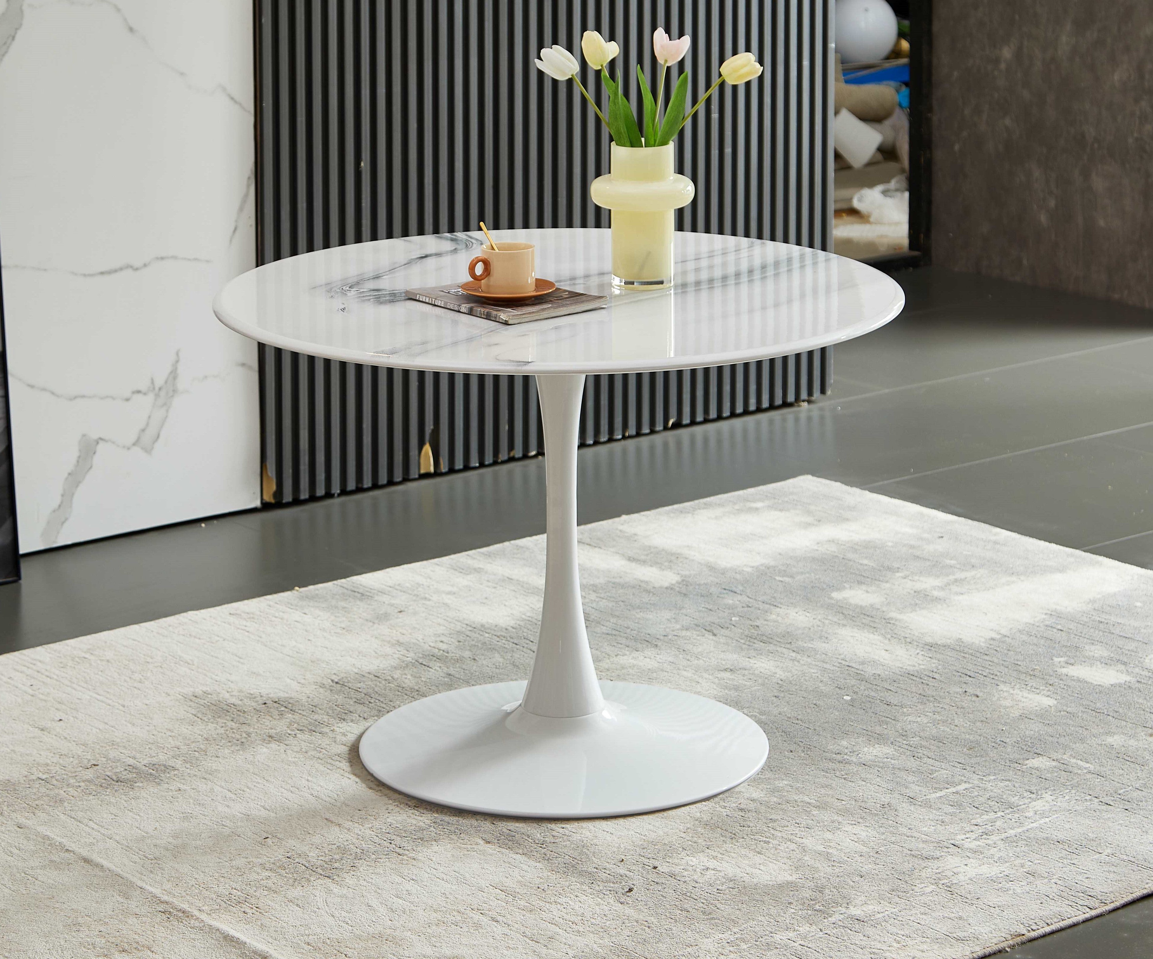 42.1" Tulip Table, Medieval Dining Table for 4-6 People, Round MDF Top, Marble Color Top