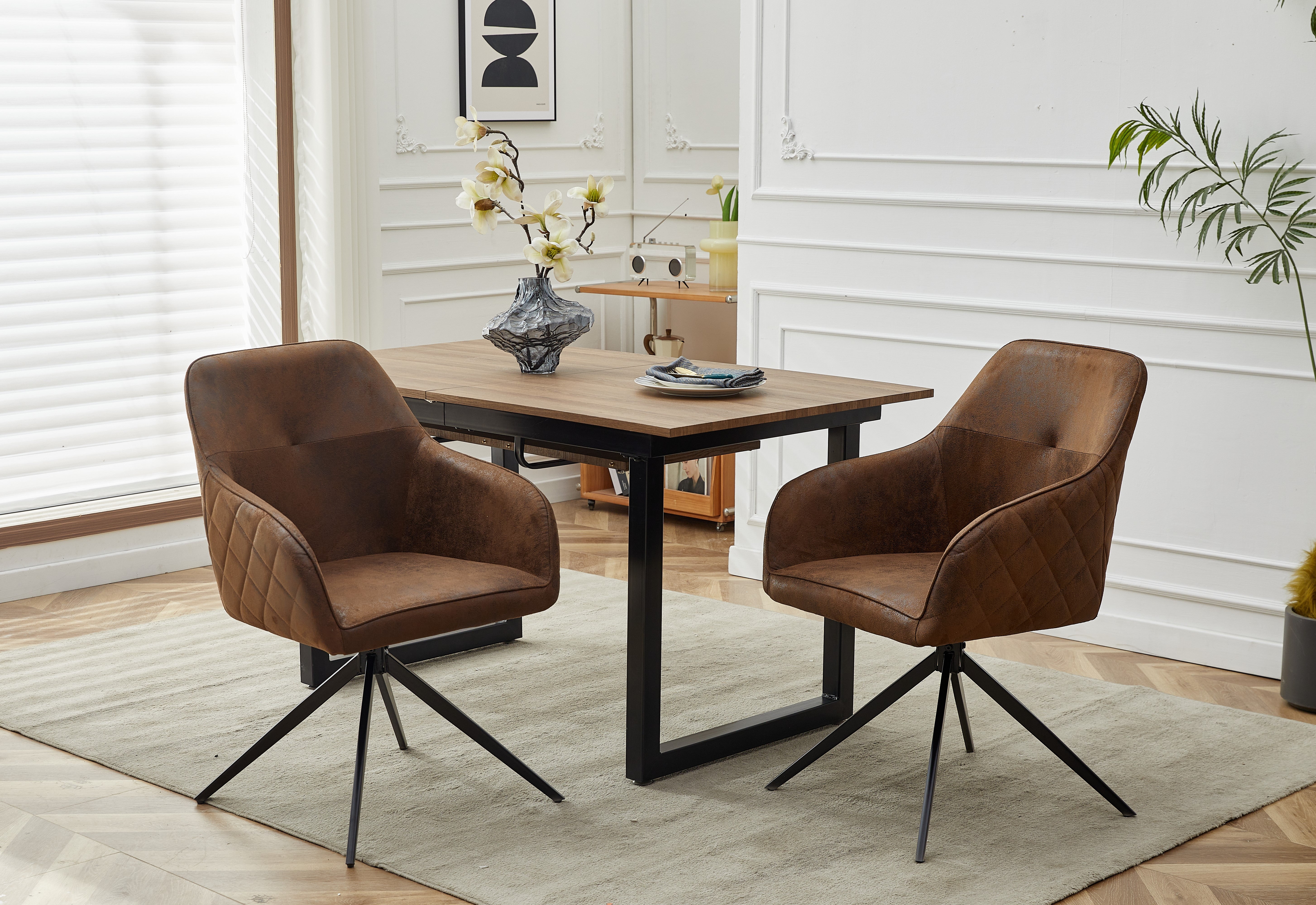 Rectangular Extendable Wood Grain Dining Table with Metal Leg