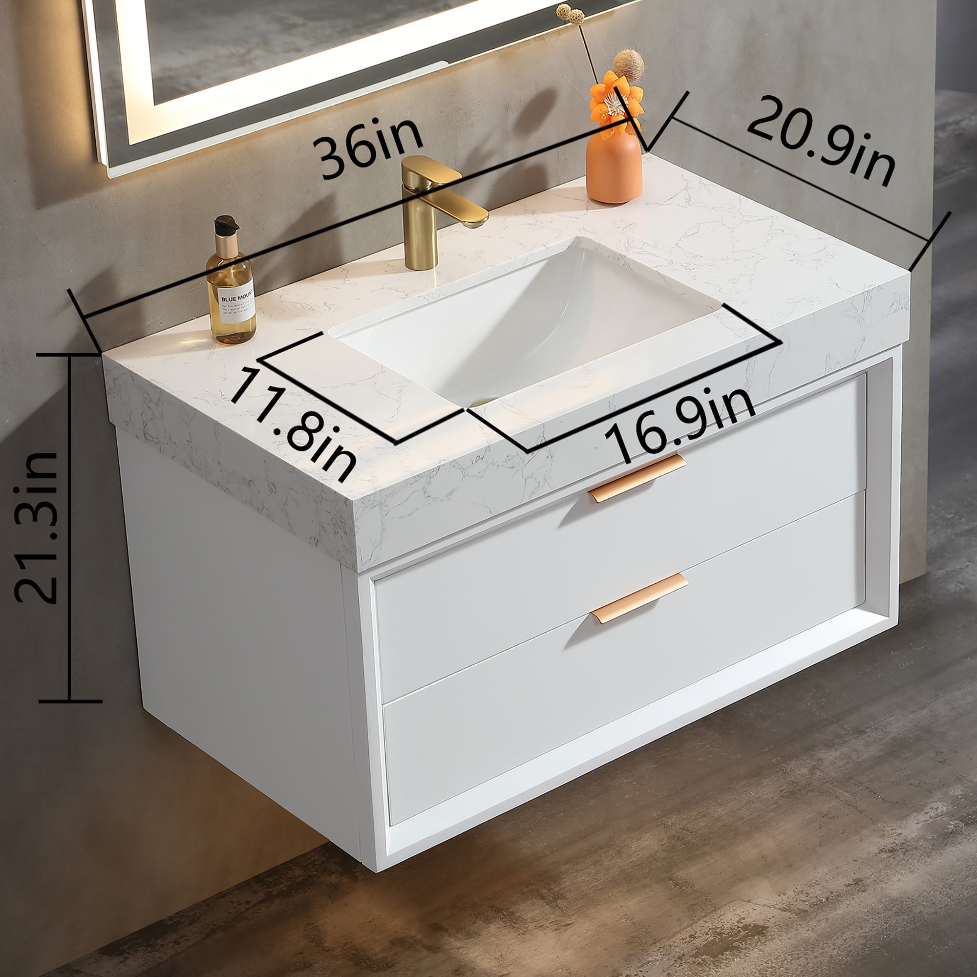 36 inch solid oak and plywood Bathroom Vanity in Ceramic Sink with Drain