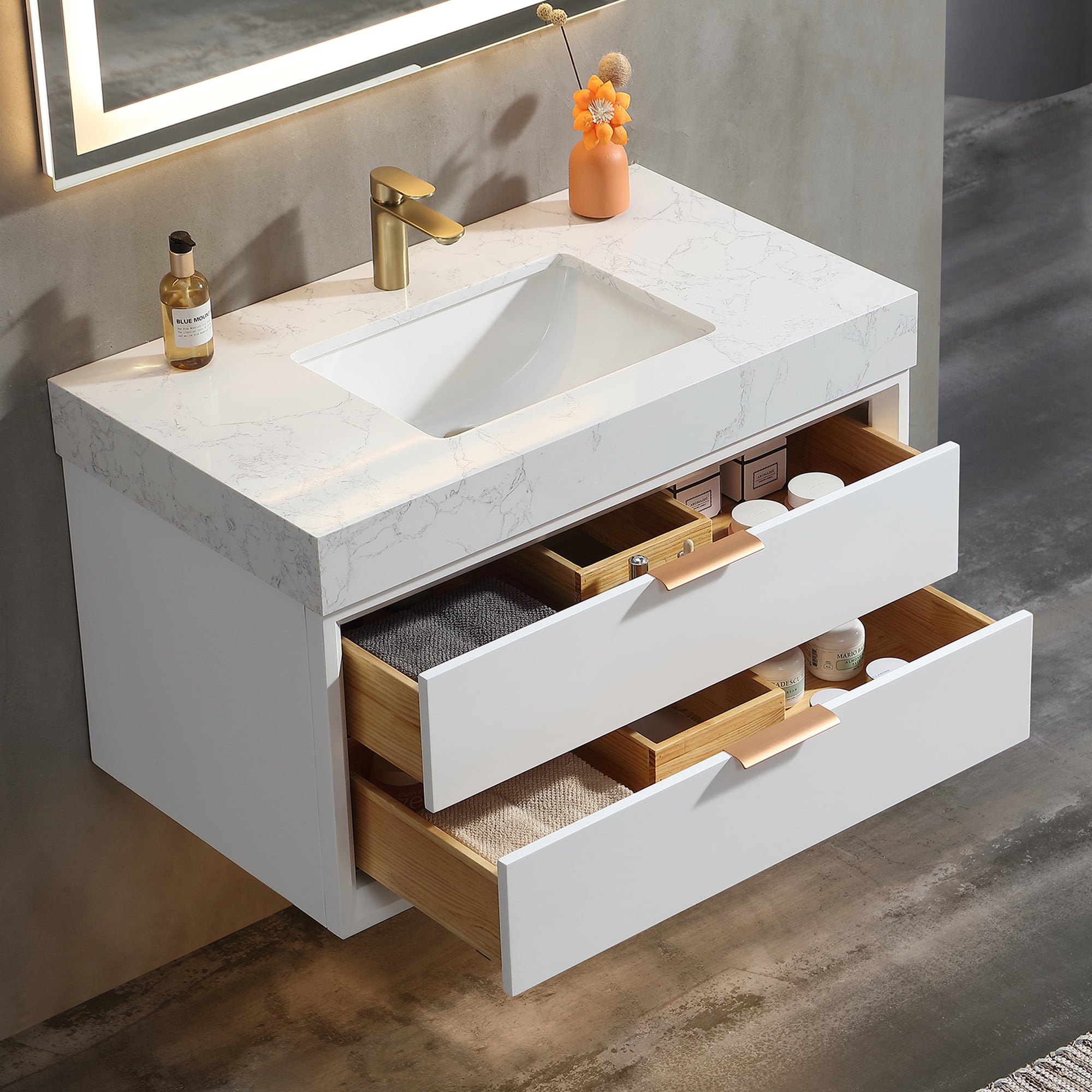 36 inch solid oak and plywood Bathroom Vanity in Ceramic Sink with Drain