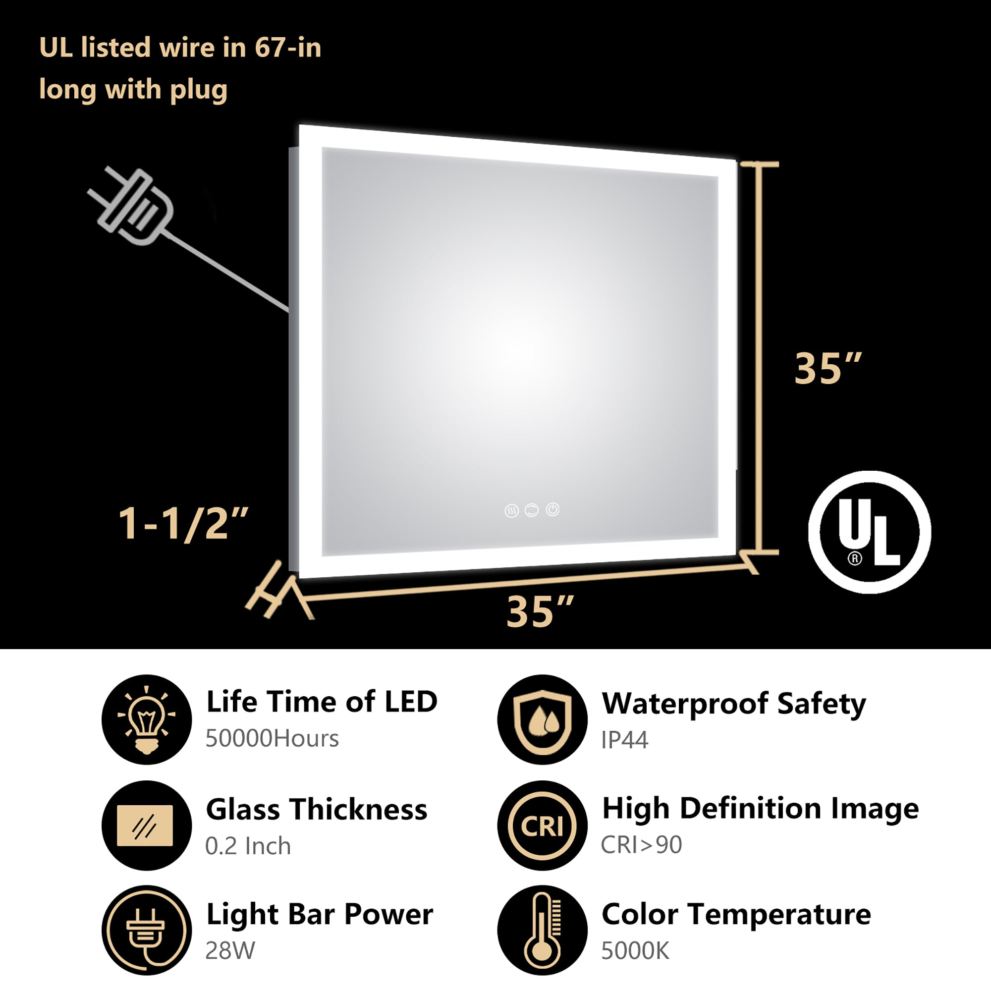 35 in. W x 35 in. H Aluminium and Glass LED Bathroom Mirror with Defogger