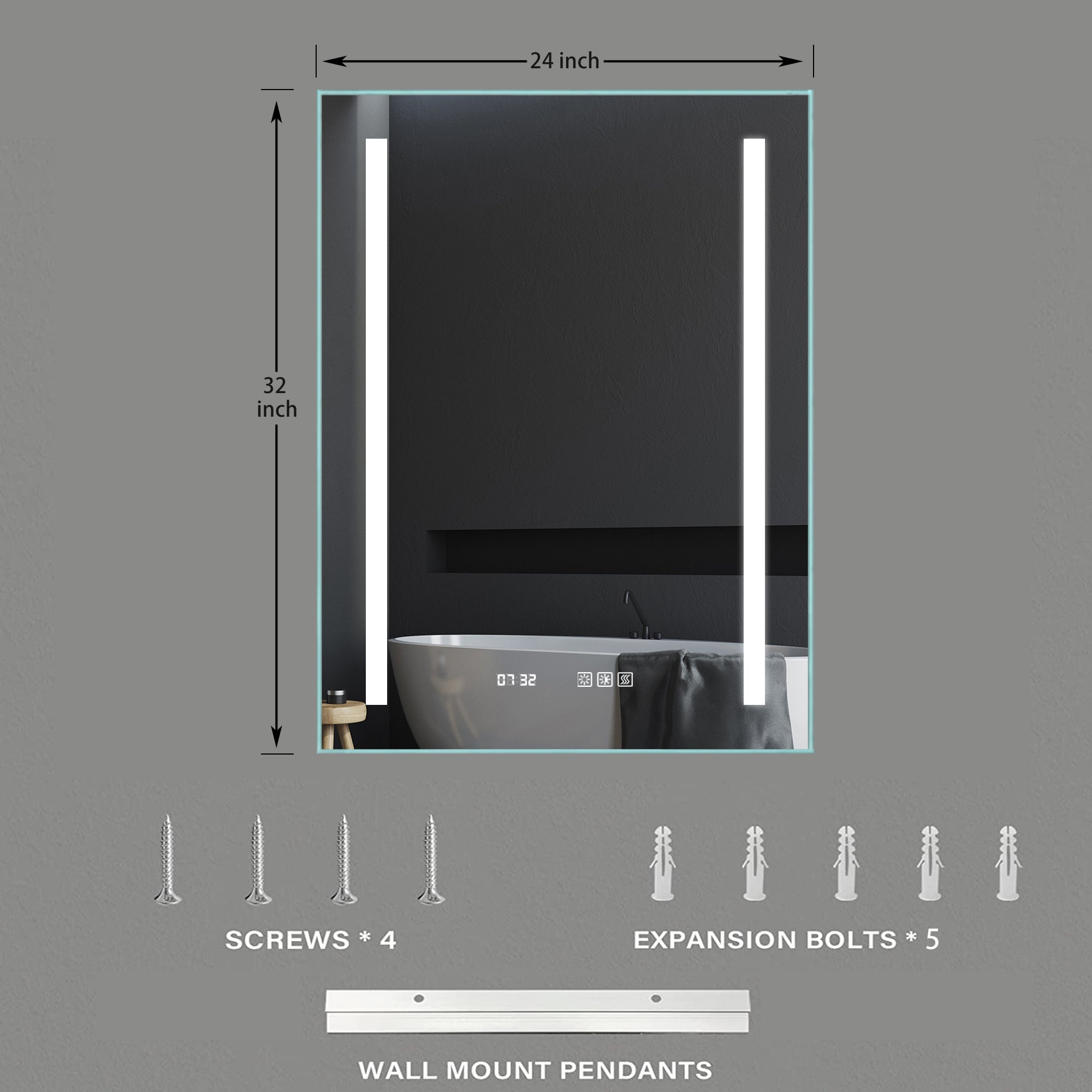 32 in. W x 24 in. H Rectangular Frameless Anti-Fog Wall-Mounted Bathroom Vanity Mirror in Silver