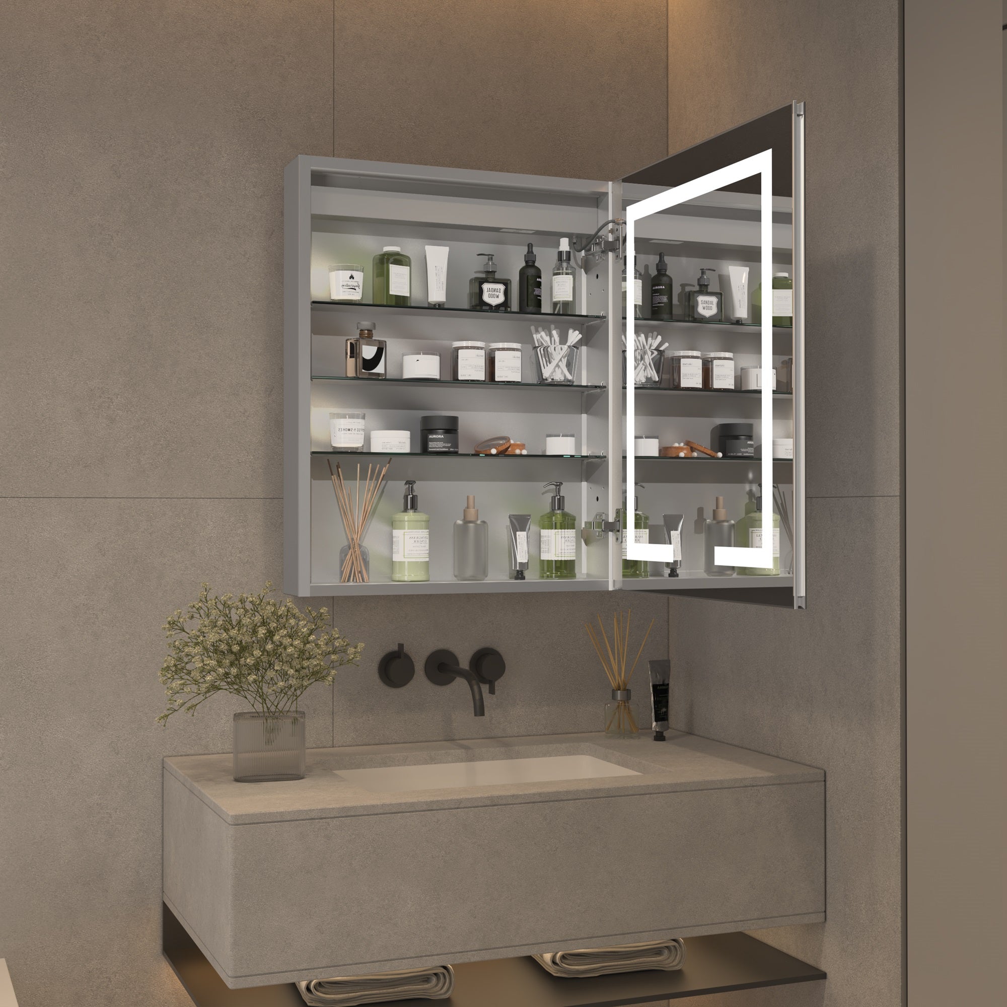 24 in. W x 30 in. H Rectangular Sliver Aluminum Medicine Cabinet with Mirror
