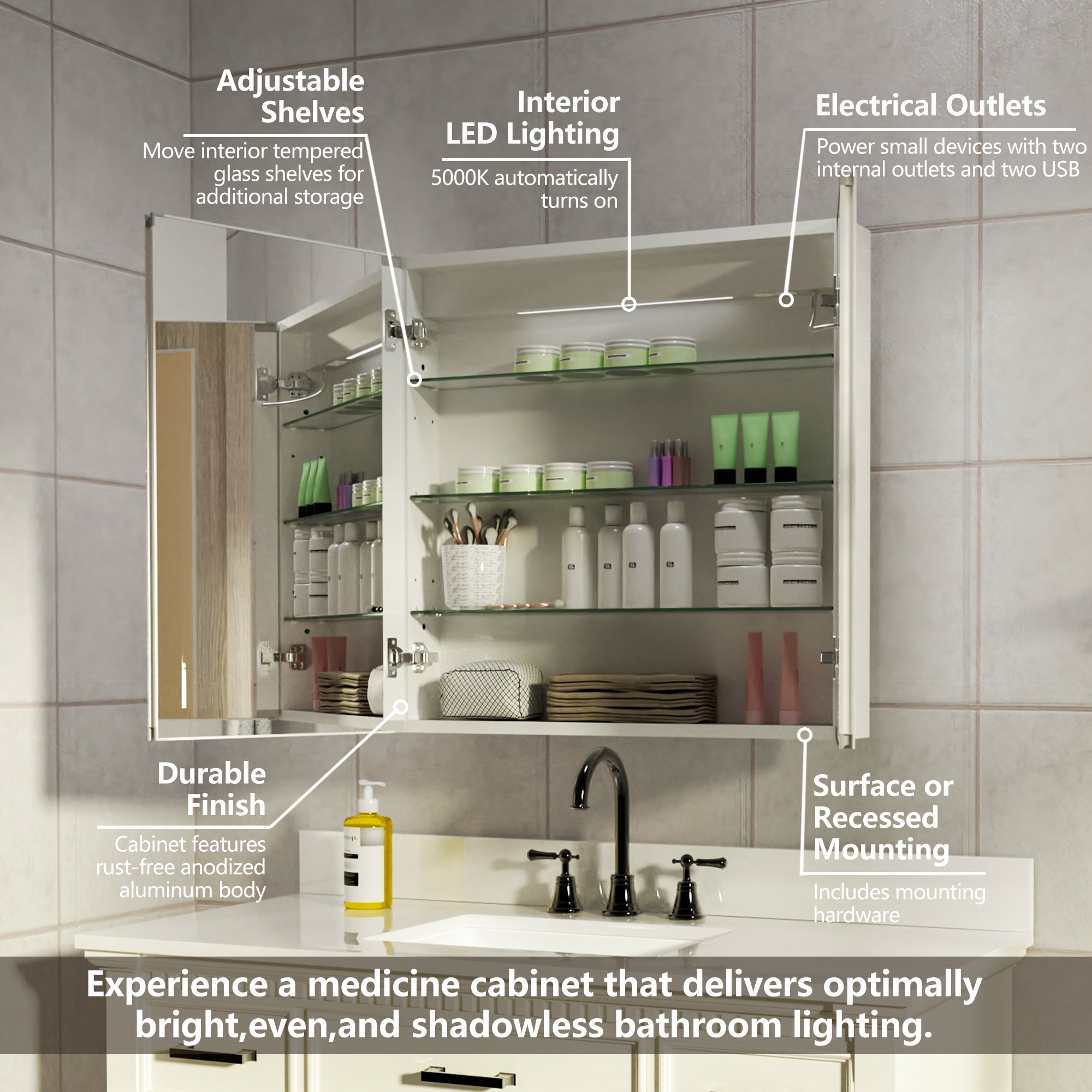 30 in. W x 30 in. H Rectangular Sliver Aluminum Medicine Cabinet with Mirror