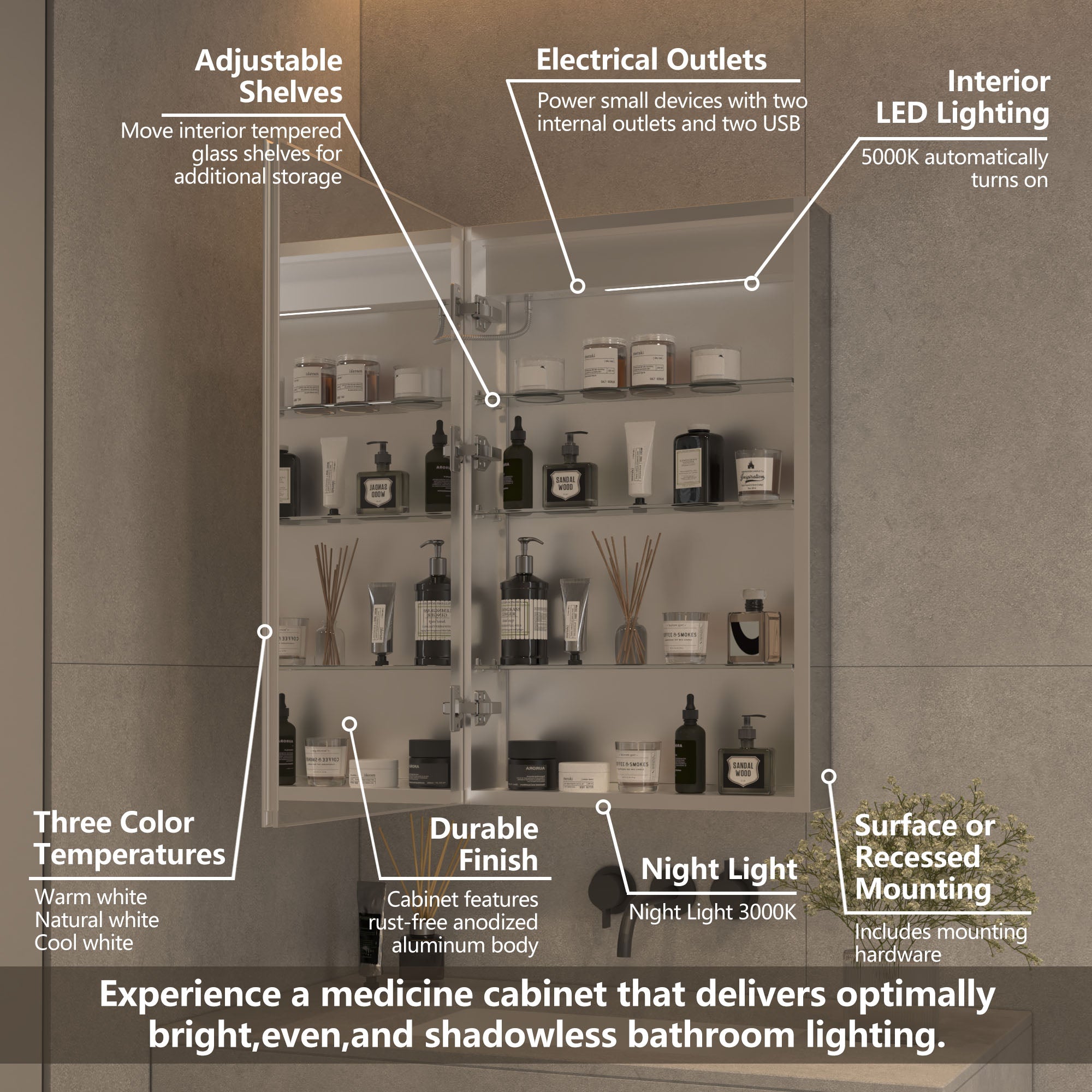 20 in. W x 32 in. H Aluminum Surface Mount Medicine Cabinet with Mirror
