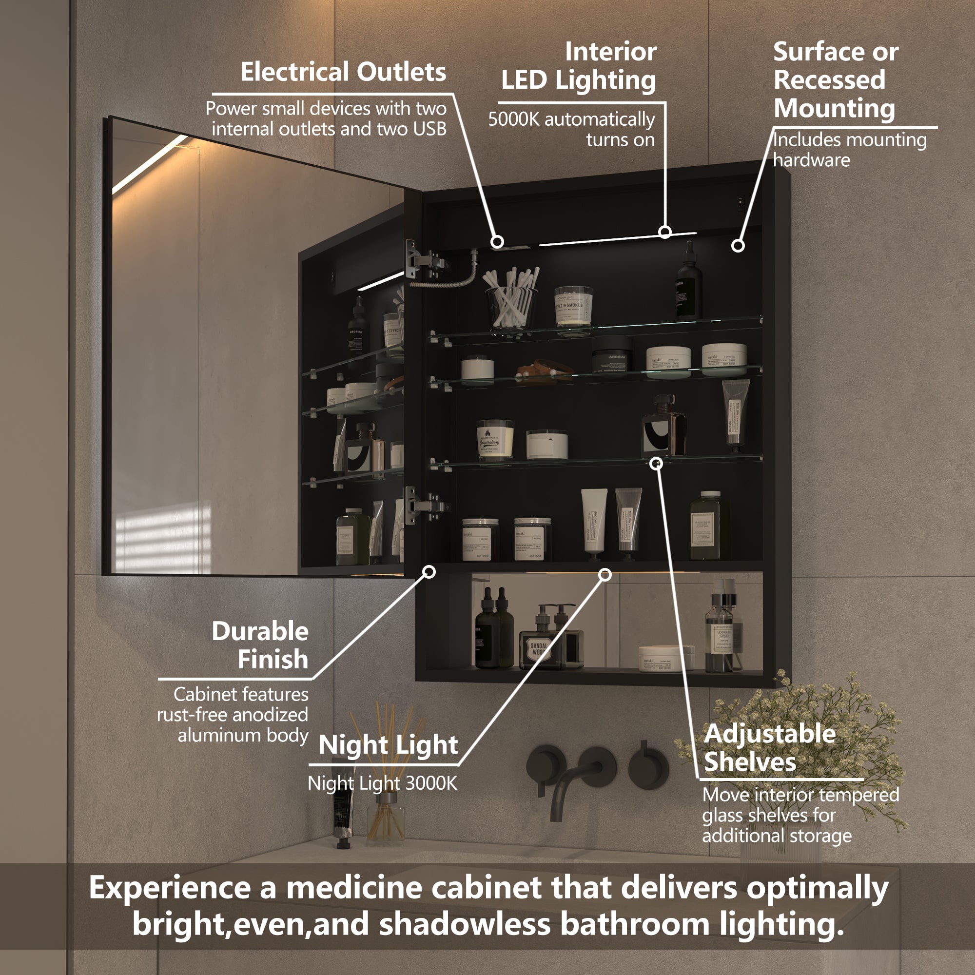 24 in. W x 32 in. H Rectangular Black Aluminum Medicine Cabinet with Mirror