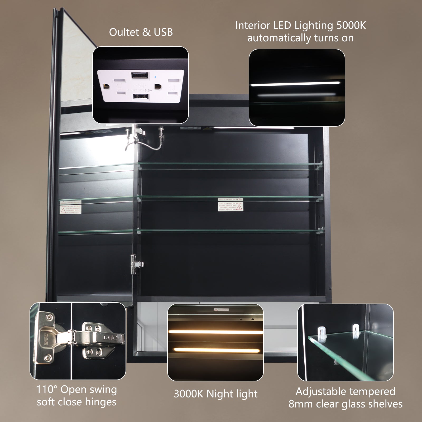 24 in. W x 32 in. H Rectangular Black Aluminum Medicine Cabinet with Mirror