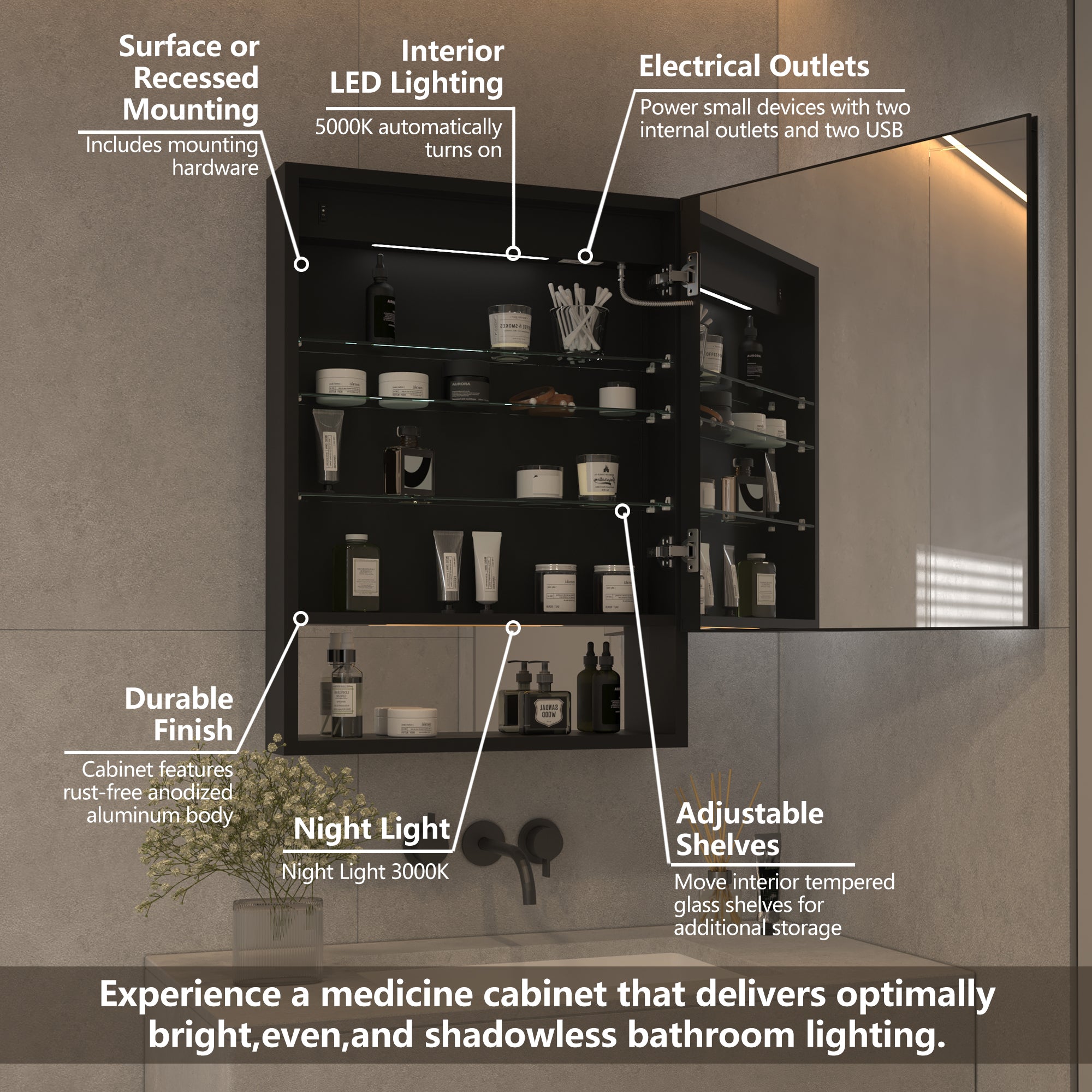24 in. W x 32 in. H Rectangular Black Aluminum Medicine Cabinet with Mirror
