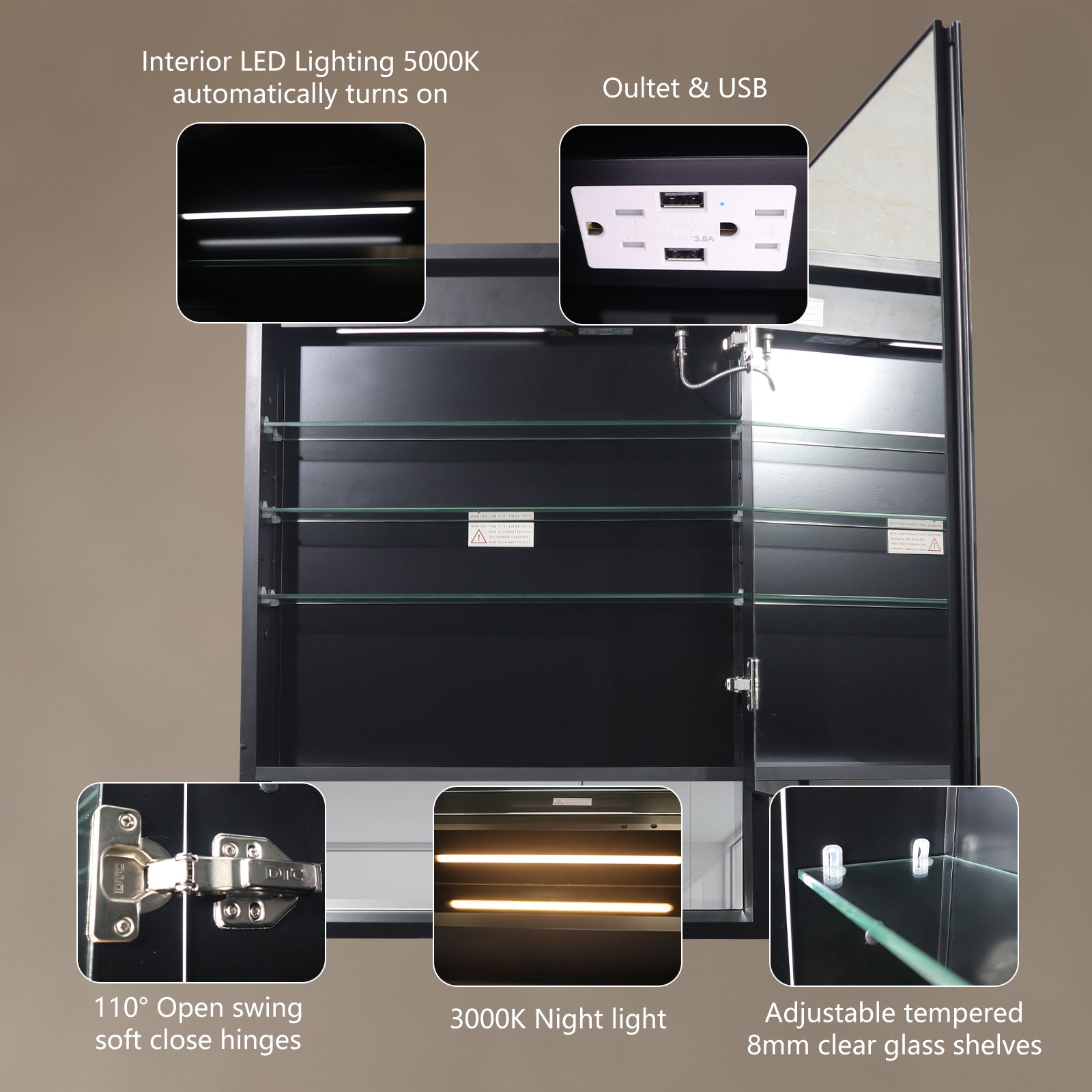 24 in. W x 32 in. H Rectangular Black Aluminum Medicine Cabinet with Mirror