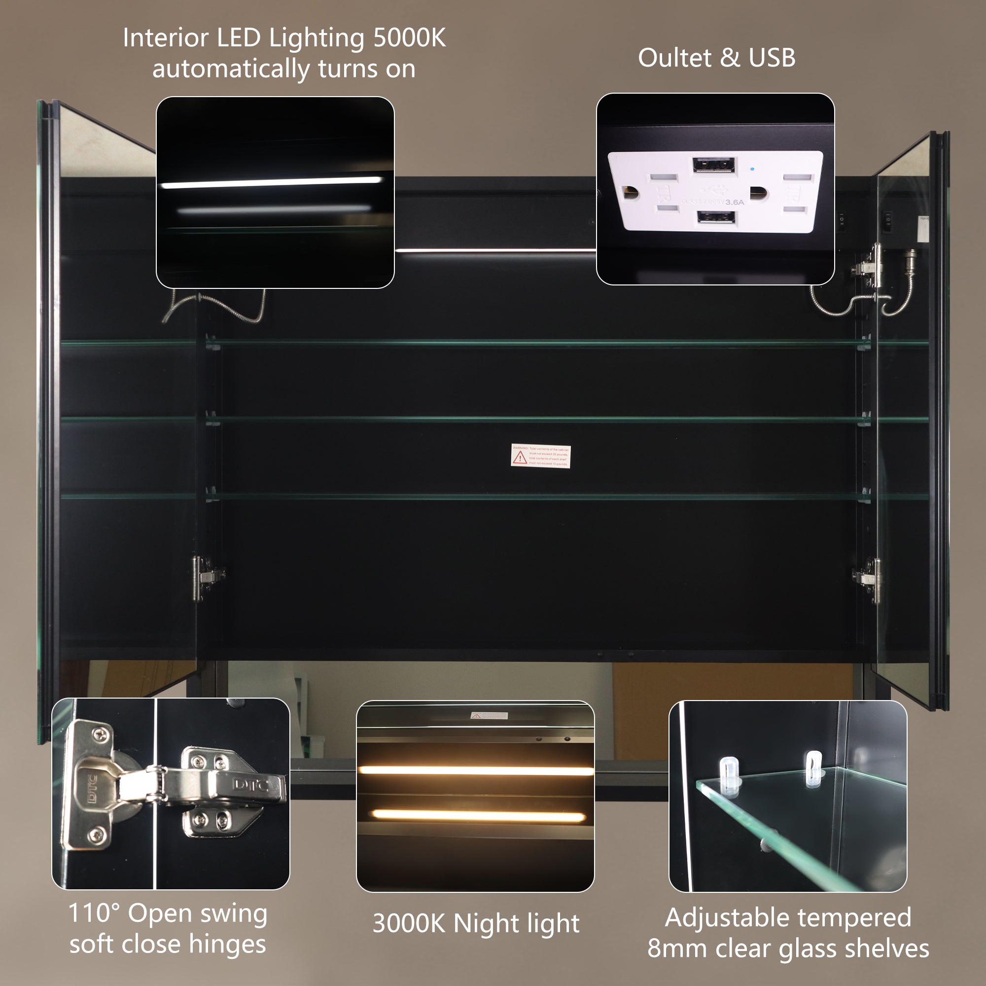 36 in. W x 32 in. H Rectangular Aluminum Medicine Cabinet with Mirror