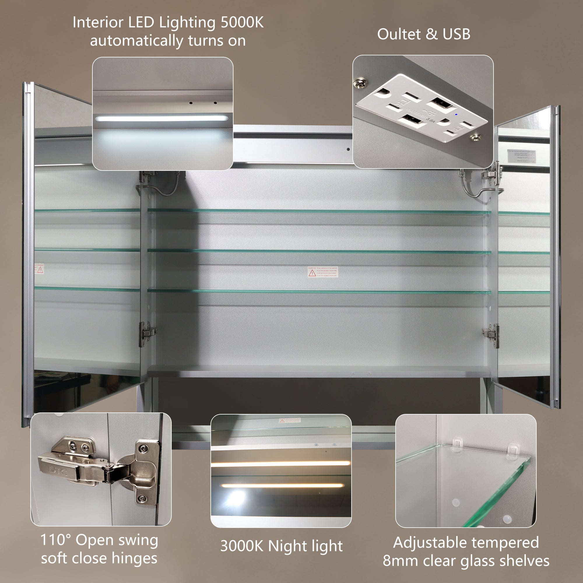36 in. W x 32 in. H Rectangular Aluminum Medicine Cabinet with Mirror