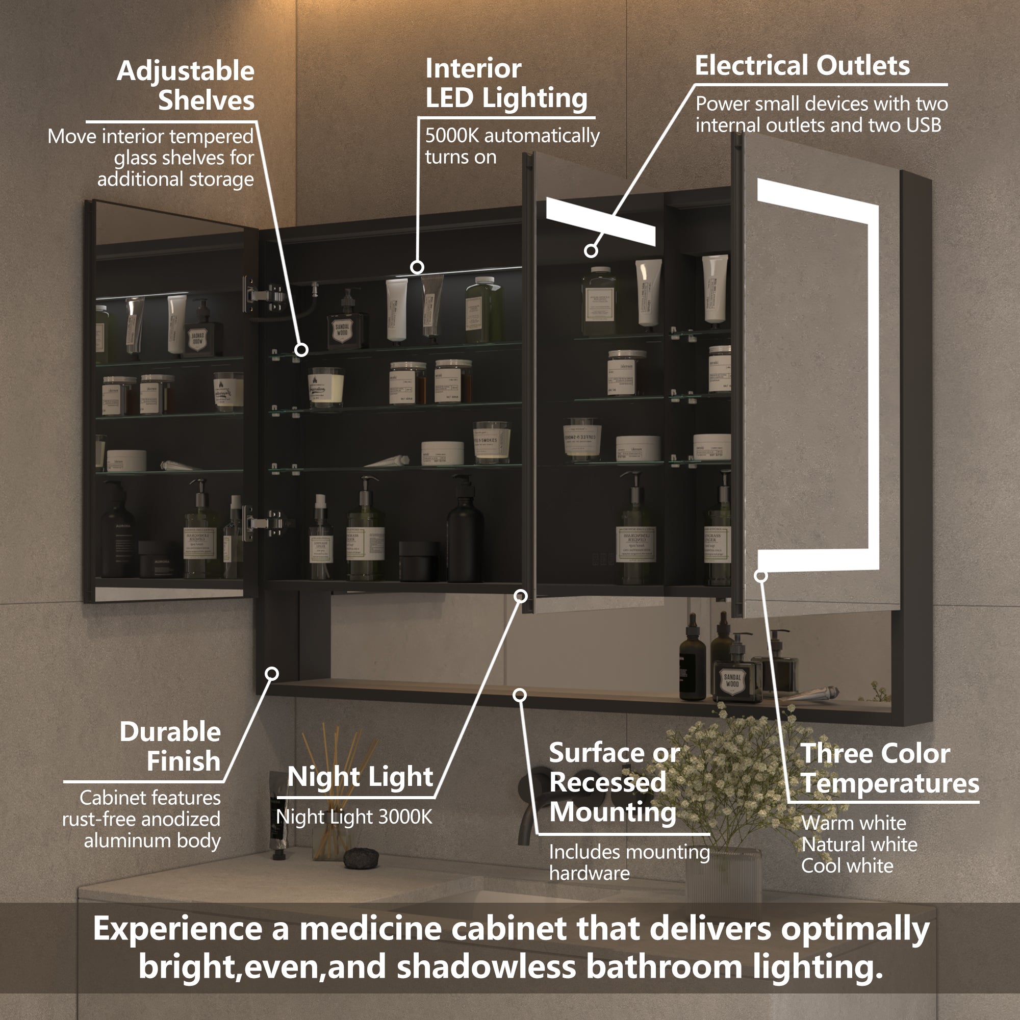 48 in. W x 32 in. H Rectangular Aluminum Medicine Cabinet with Mirror