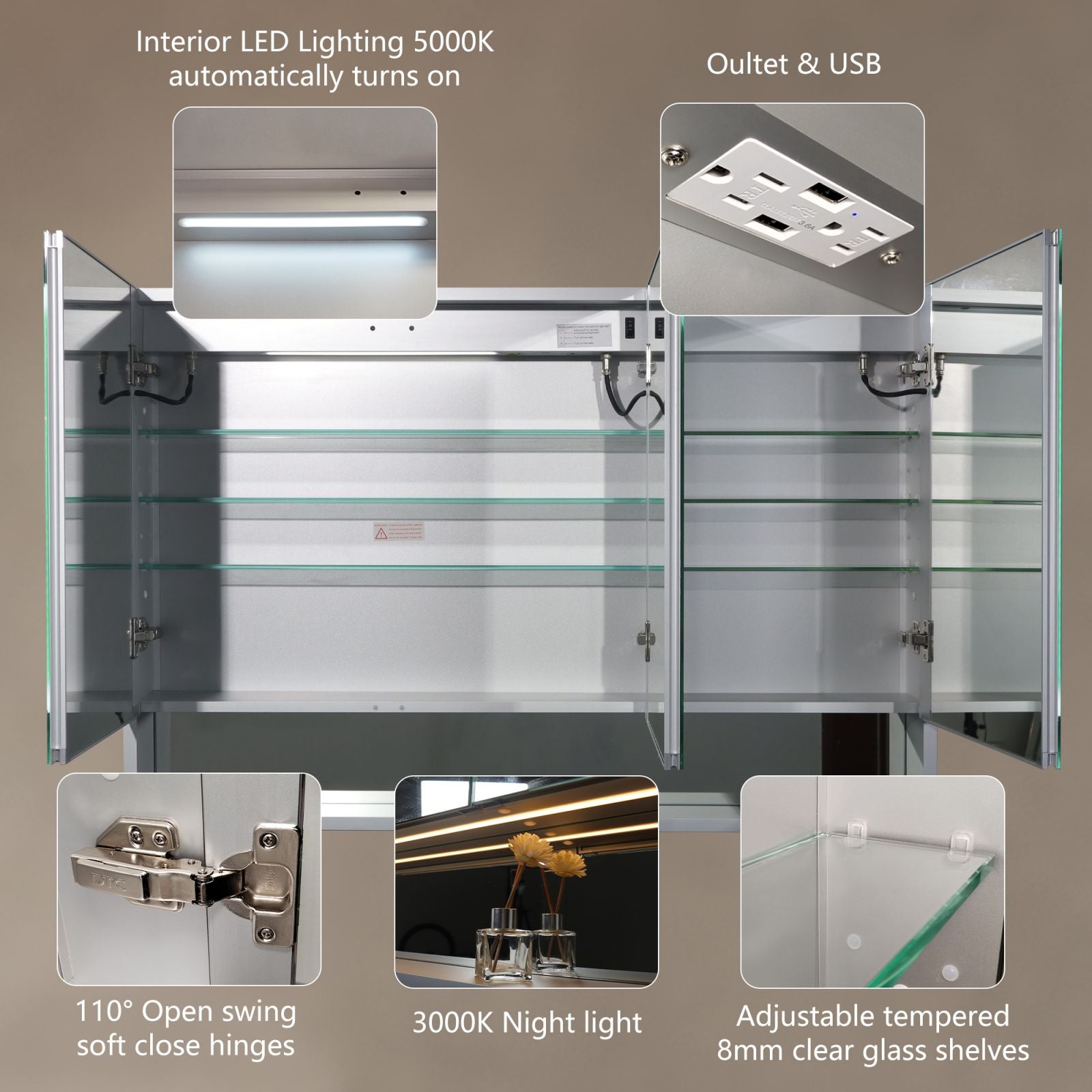48 in. W x 32 in. H Rectangular Aluminum Medicine Cabinet with Mirror