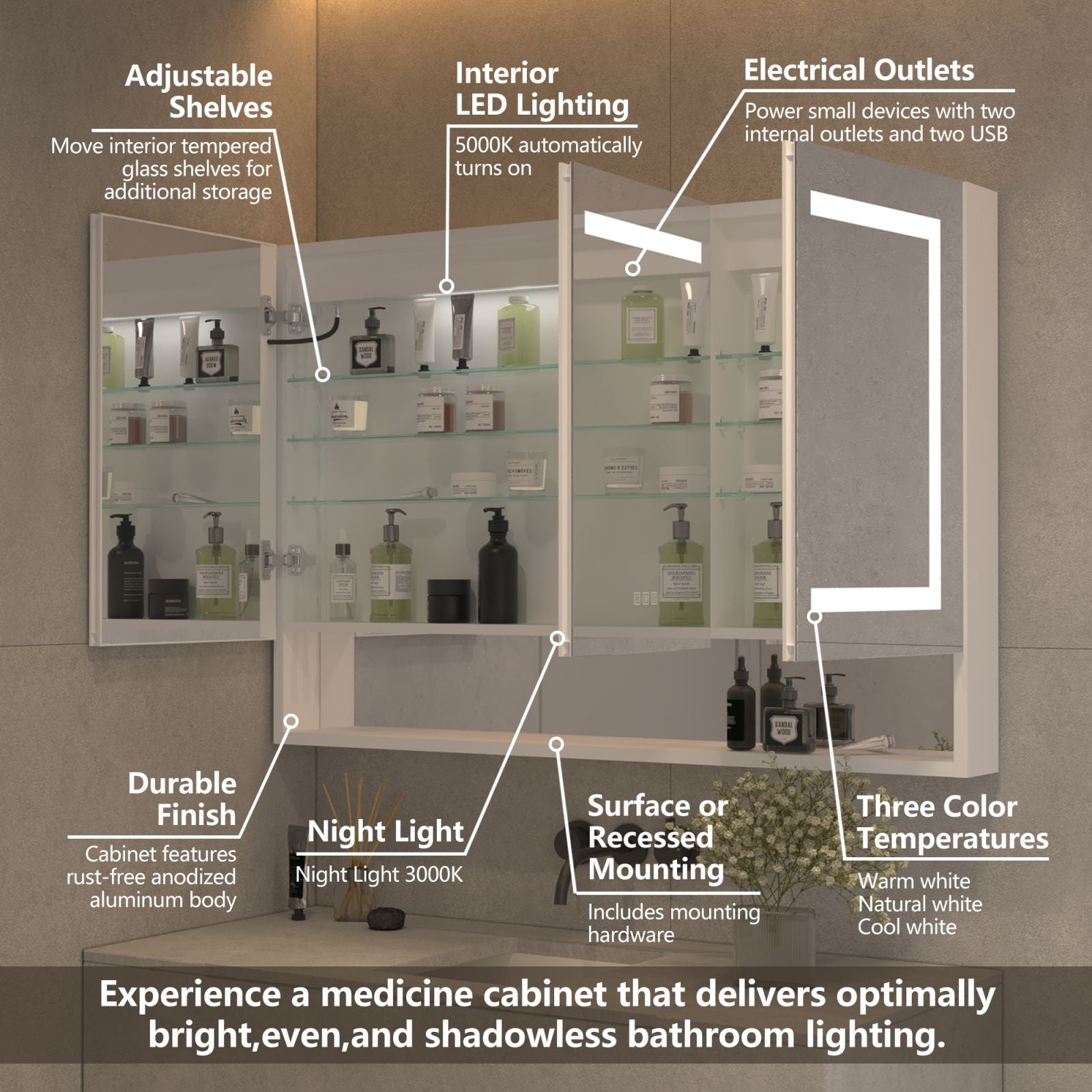 48 in. W x 32 in. H Rectangular Aluminum Medicine Cabinet with Mirror