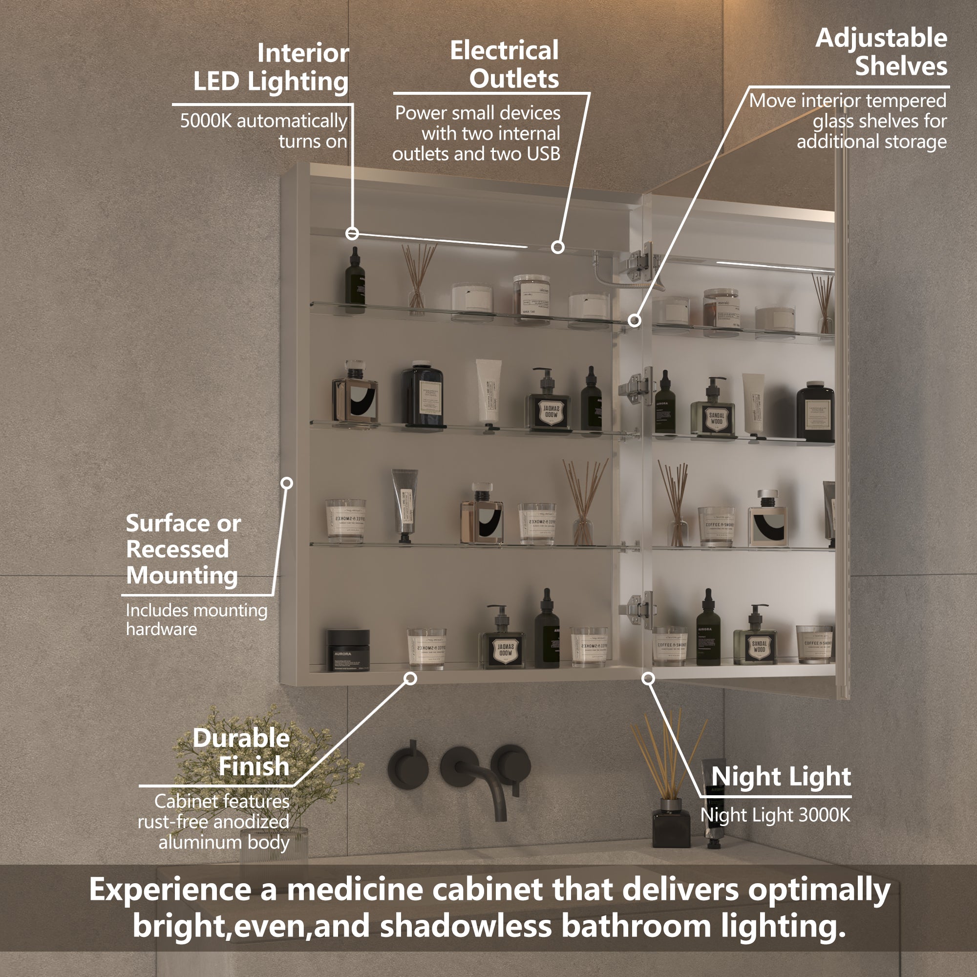 24 in. W x 32 in. H Aluminum Surface Mount Medicine Cabinet with Mirror