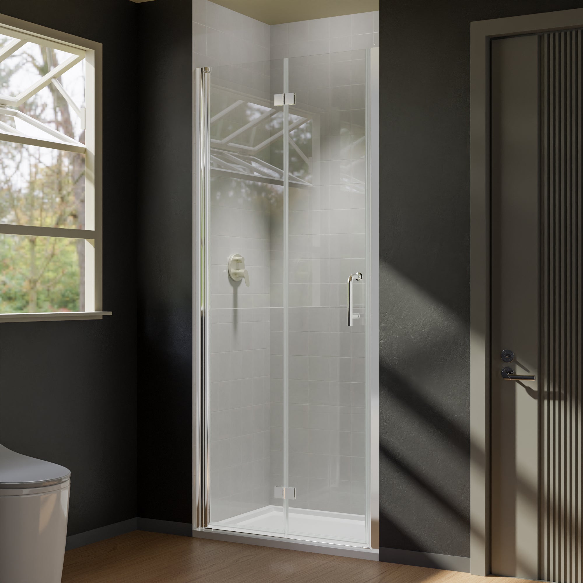 32 in. W x 72 in. H Bi-Fold Semi-Frameless Shower Door in Chrome Finish with Clear Glass