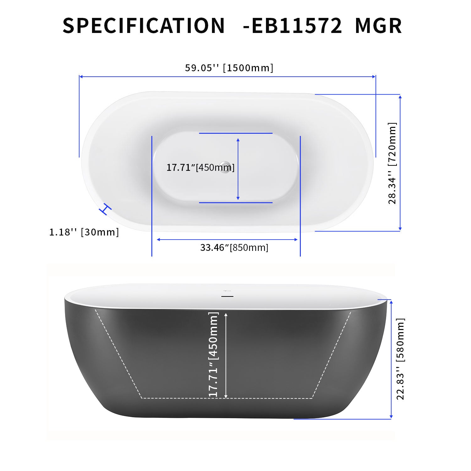59 in. Acrylic Freestanding Flatbottom Soaking Bathtub